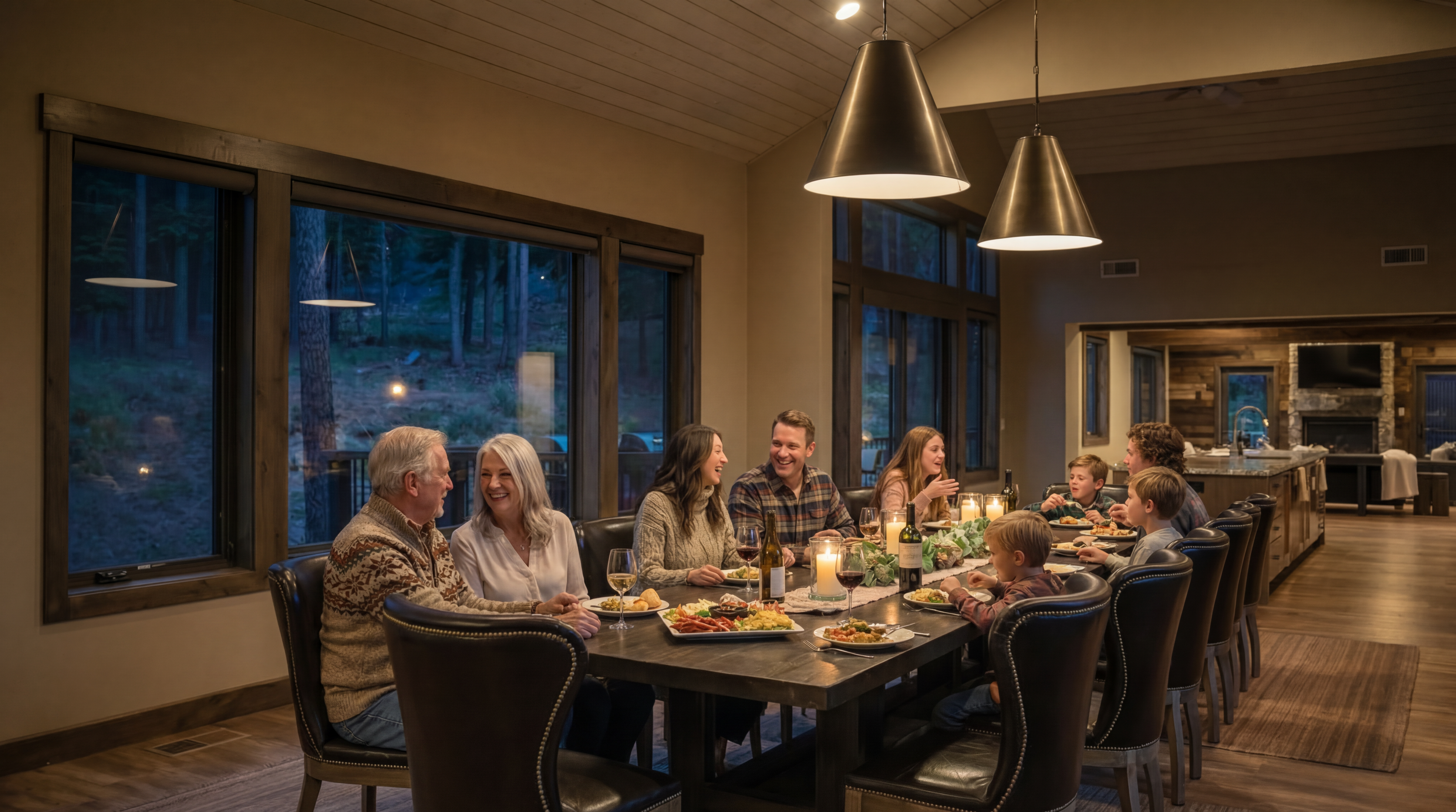 This warm and inviting dining room features a rustic wooden dining table surrounded by leather chairs. Large windows provide ample natural light and views of the outdoors. Two pendant lights hang above the table, adding both style and illumination to the gathering space, perfect for family meals or entertaining guests.