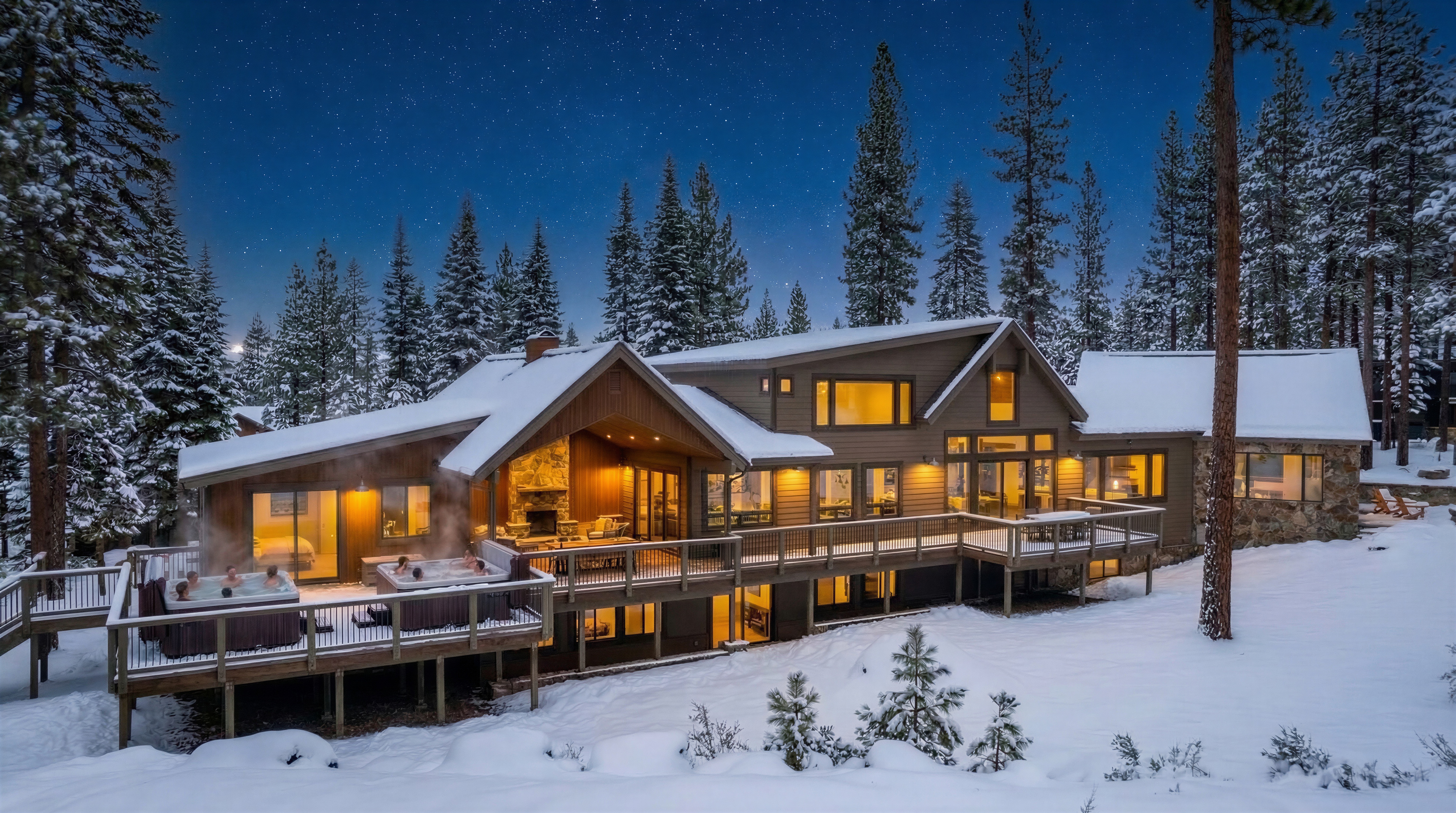 This stunning image showcases the rear exterior of a luxurious mountain home under a breathtaking night sky with visible Milky Way. The home features an expansive deck with hot tubs, multiple windows emitting warm light from the interior, and snow-covered roofs. The surrounding landscape is blanketed in snow and dotted with mature evergreen trees, creating a picturesque and inviting winter retreat.
