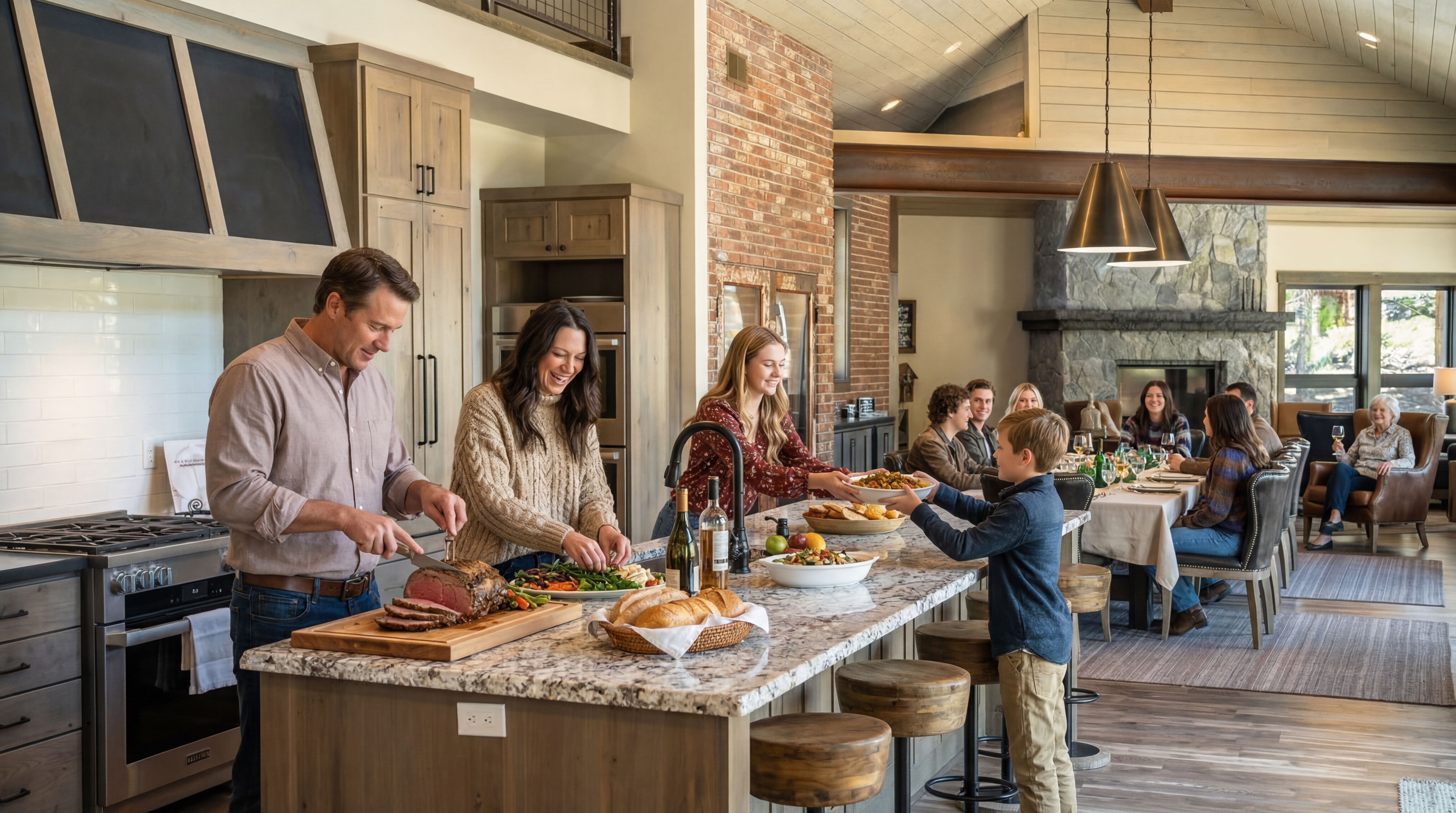 This interior shot showcases a well-lit kitchen with a large island featuring a granite countertop and bar seating. The cabinetry is a warm wood tone complementing the stainless steel appliances, including a large range. In the background, a dining area and living space are visible, suggesting an open-concept design, suitable for entertaining.