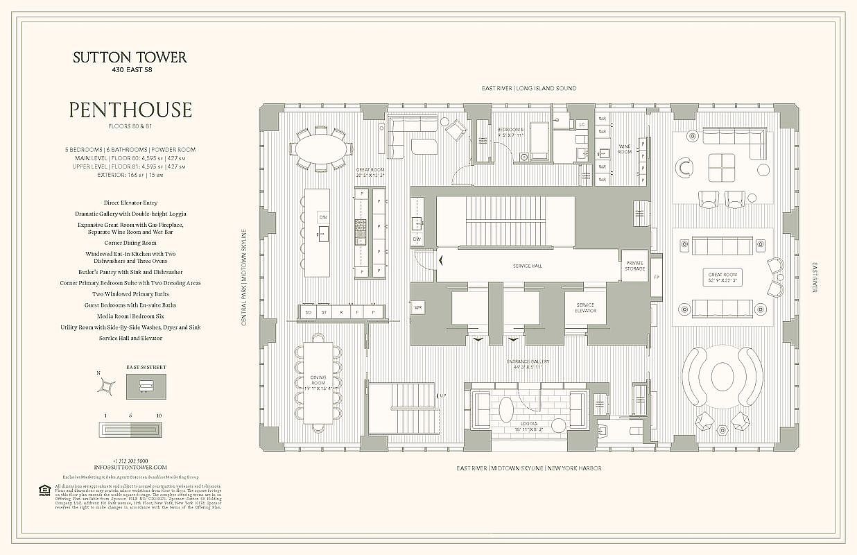 This image is a detailed architectural floor plan for a luxury penthouse at Sutton Tower, showcasing a sprawling layout across two levels. The plan highlights expansive living areas, including a grand great room, a formal dining room, a private wine room, and a loggia, all designed with a sophisticated, high-end aesthetic. The top-down perspective provides a clear overview of the spatial flow, emphasizing the generous proportions and premium amenities of this exclusive residence.
