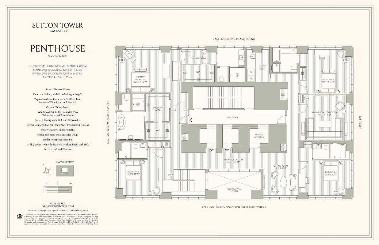 This image is a detailed architectural floor plan for a luxury penthouse at Sutton Tower, spanning floors 80 and 81. The layout showcases a sophisticated, expansive design featuring a primary bedroom suite, multiple guest bedrooms, a media room, a formal entrance gallery, and an overlooking loggia. The schematic provides a clear, top-down perspective of the residence's flow, highlighting high-end amenities like a butler's pantry, dressing areas, and service access.