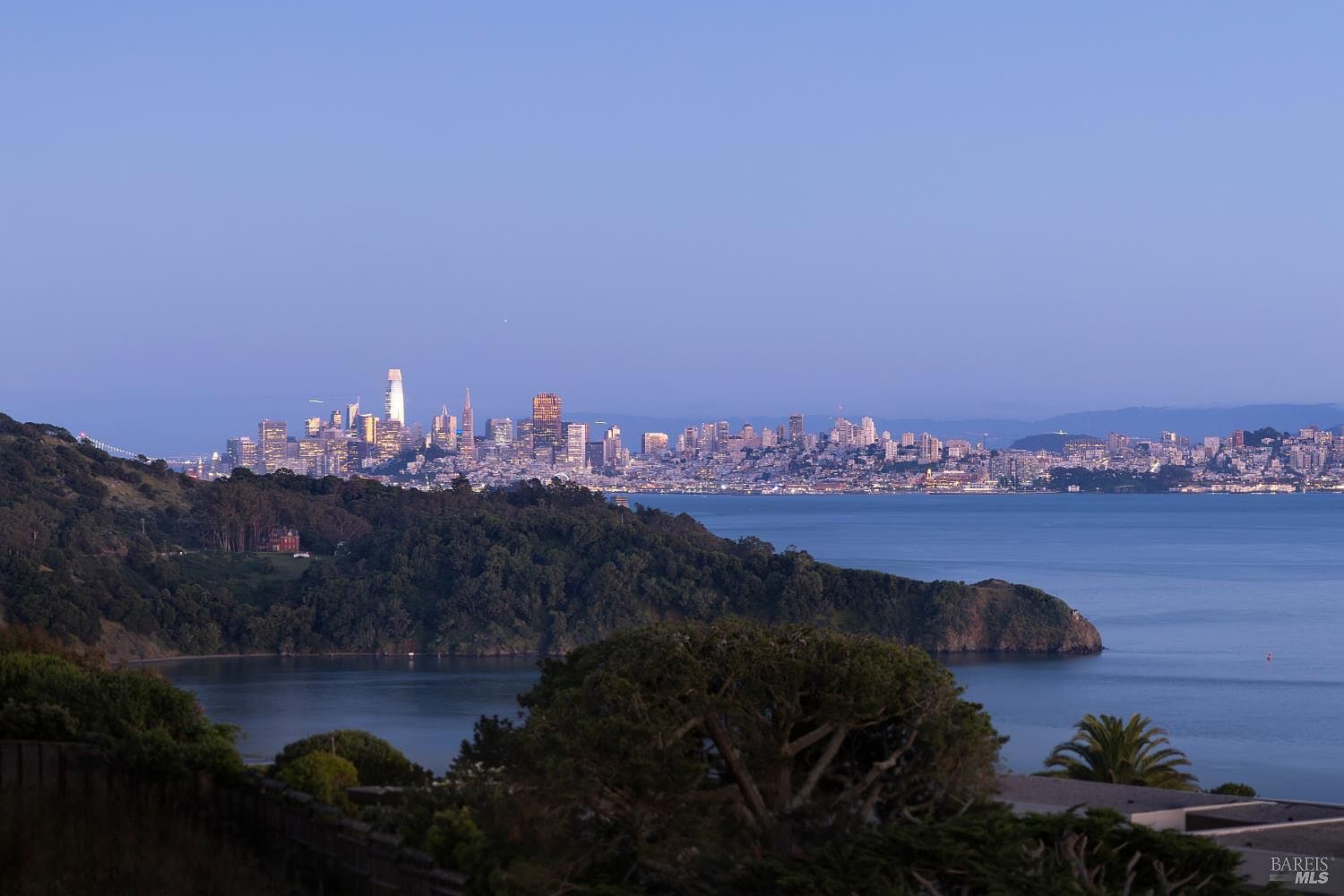 This wide-angle, elevated view captures the San Francisco skyline across the bay at twilight. The foreground features a lush, tree-covered hillside leading down to the water, while the city's iconic skyscrapers are illuminated against a clear, soft blue sky. The perspective provides a cinematic, panoramic look at the property's scenic surroundings and proximity to the urban landscape.