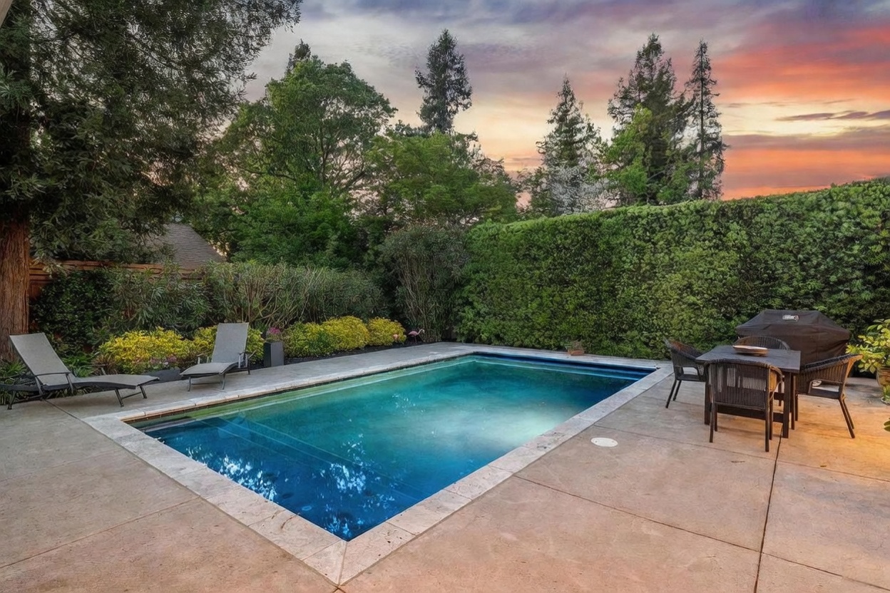 This serene backyard features a rectangular swimming pool set within a spacious concrete patio, perfect for outdoor entertaining. The area is framed by lush green hedges and mature trees, creating a private oasis, while a dining set and lounge chairs provide comfortable seating. The scene is captured at sunset, with a vibrant, colorful sky casting a warm glow over the tranquil water.