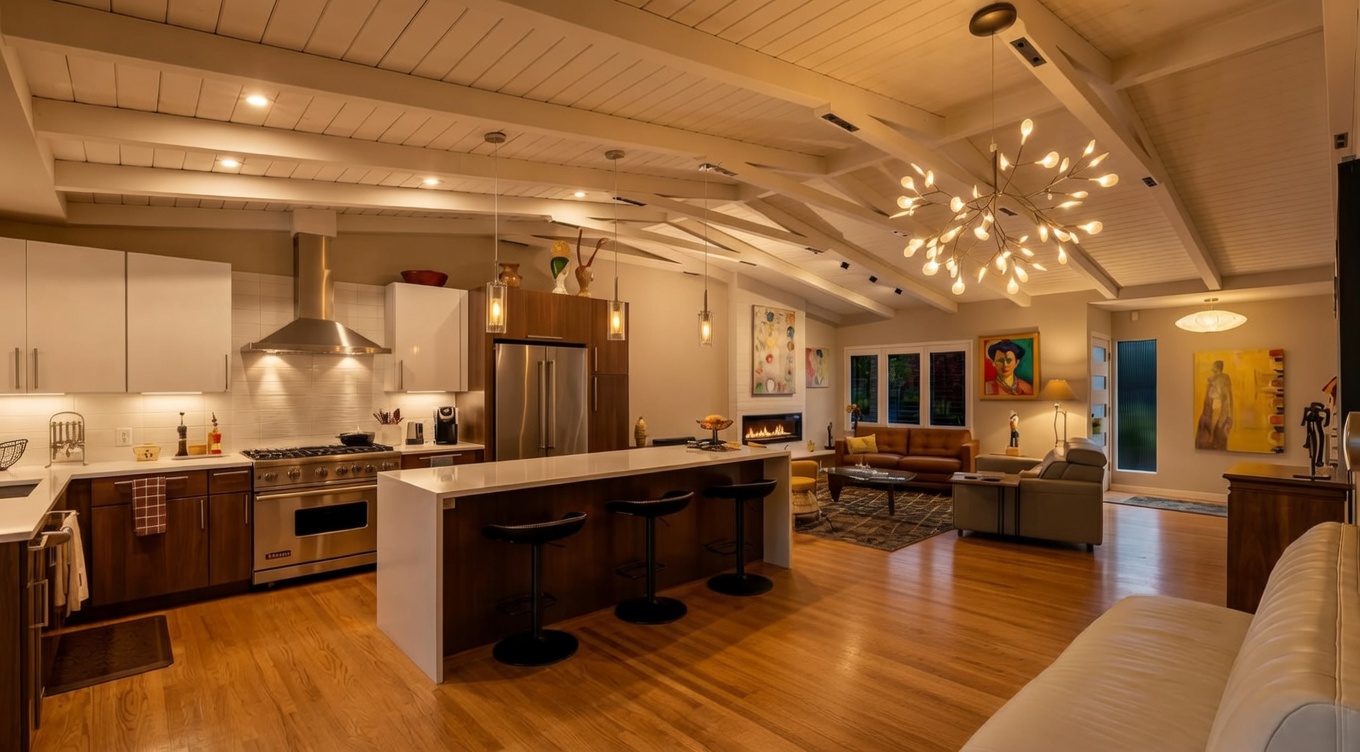 This open-concept kitchen and dining area features a stylish mid-century modern design with exposed white-painted ceiling beams and hardwood flooring. The kitchen boasts high-end stainless steel appliances, white cabinetry, and a large central island with bar seating, seamlessly flowing into a spacious living area with a fireplace. The space is bright and airy, highlighted by a unique contemporary chandelier and artistic decor.