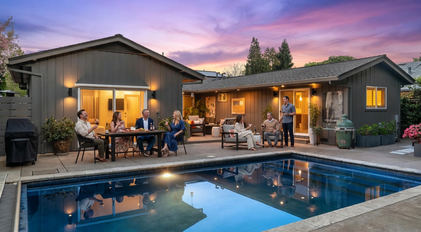 This tranquil backyard scene features a beautifully landscaped patio area centered around a sparkling rectangular swimming pool, perfect for outdoor social gatherings. The single-story home displays a contemporary aesthetic with dark wood-style siding, large sliding glass doors, and warm recessed lighting against a dramatic sunset sky. Notable amenities include a grilling station, a dedicated seating area for dining, and a comfortable lounge space, creating an inviting atmosphere ideal for entertaining.