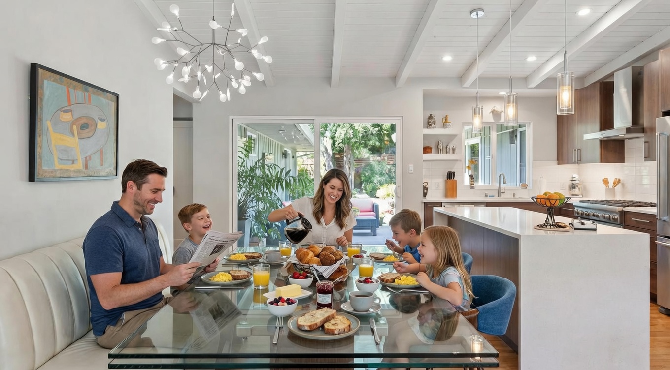 This bright and inviting open-concept dining area features a modern glass-top table surrounded by seating, perfect for family meals. The space flows seamlessly into a contemporary kitchen with high-end appliances, quartz countertops, and sleek cabinetry. Large sliding glass doors provide natural light and direct access to an outdoor area, while a statement sputnik-style chandelier adds a touch of sophisticated flair to the room.