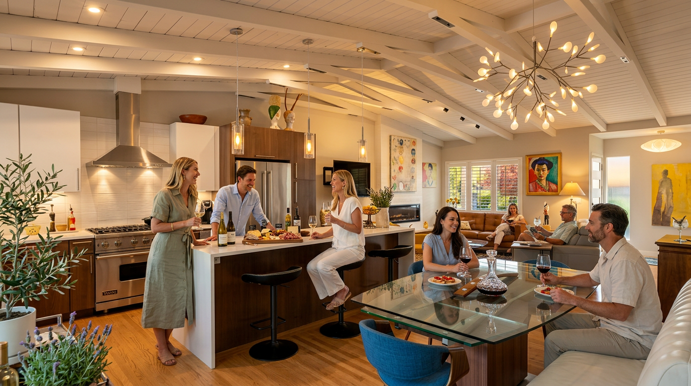 This open-concept kitchen and dining area features a bright, modern aesthetic with vaulted beamed ceilings and high-end stainless steel appliances, including a professional-grade range. A sleek center island serves as a social hub, seamlessly transitioning into a contemporary dining space illuminated by a striking artistic chandelier. The warm wood flooring, neutral color palette, and curated art create an inviting and sophisticated atmosphere perfect for entertaining.