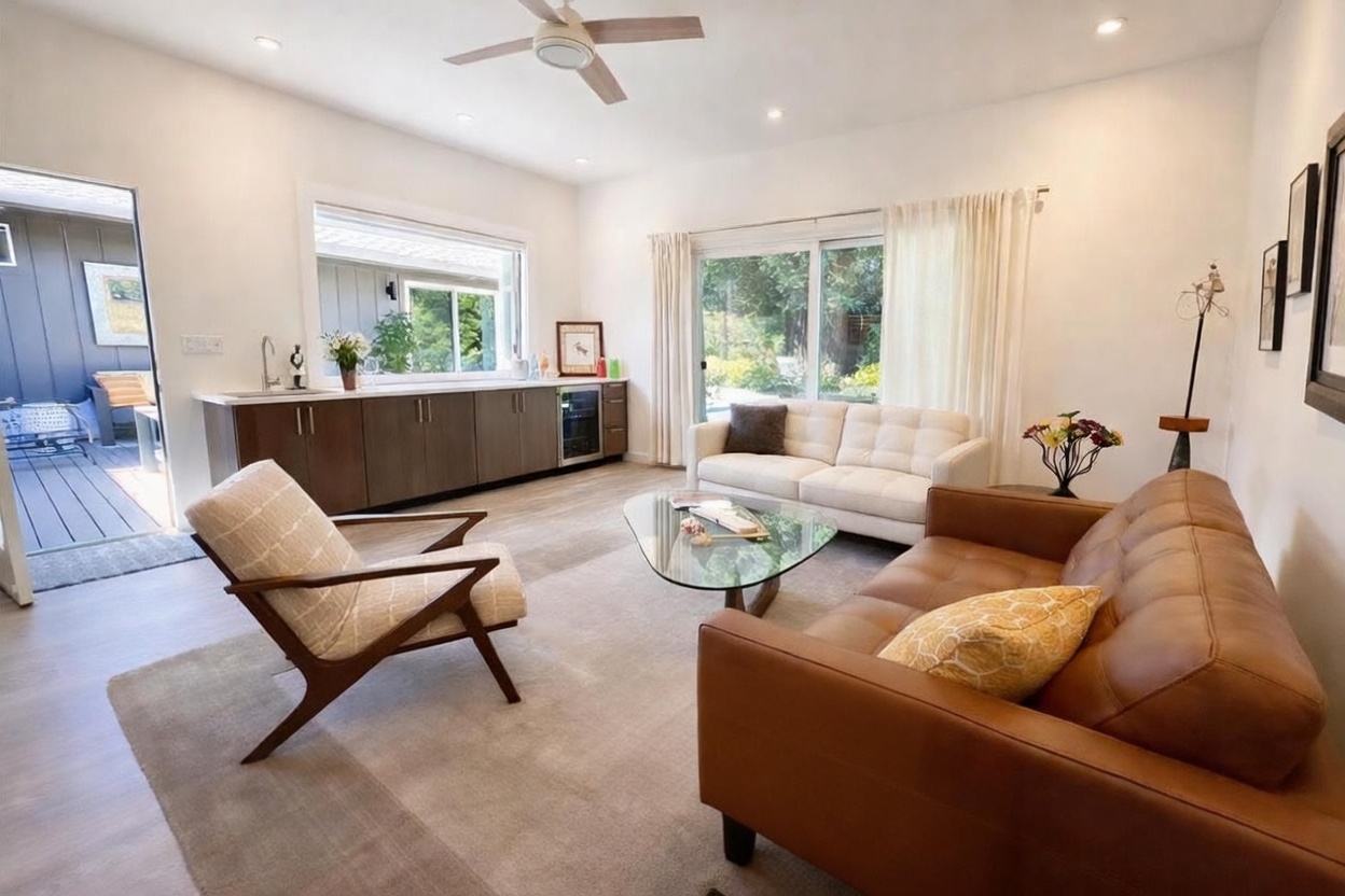 This bright and airy living room features a contemporary design with a mix of leather and upholstered seating, centered around a glass-topped coffee table. A sleek wet bar with dark cabinetry and a built-in wine fridge sits along the back wall, while large sliding glass doors provide seamless access to an outdoor deck. The space is well-lit by recessed lighting and a ceiling fan, creating a comfortable and inviting atmosphere for relaxation or entertaining.