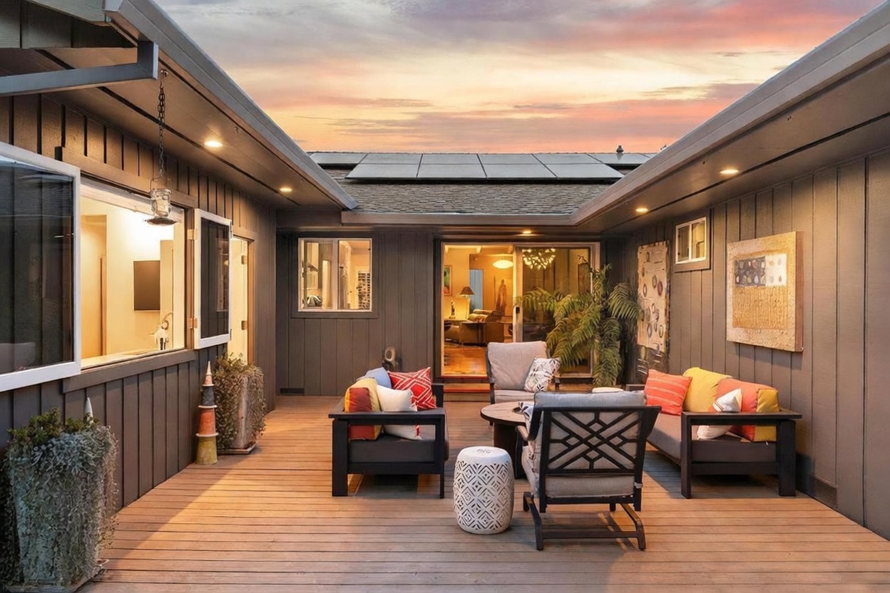 This inviting outdoor deck features a cozy seating area arranged in a U-shape, perfect for entertaining against the backdrop of a beautiful sunset. The space is framed by dark-toned wood siding and includes comfortable patio furniture with vibrant accent pillows, creating a warm and modern atmosphere. The perspective looks out from the deck toward the house, highlighting the seamless transition between indoor and outdoor living.