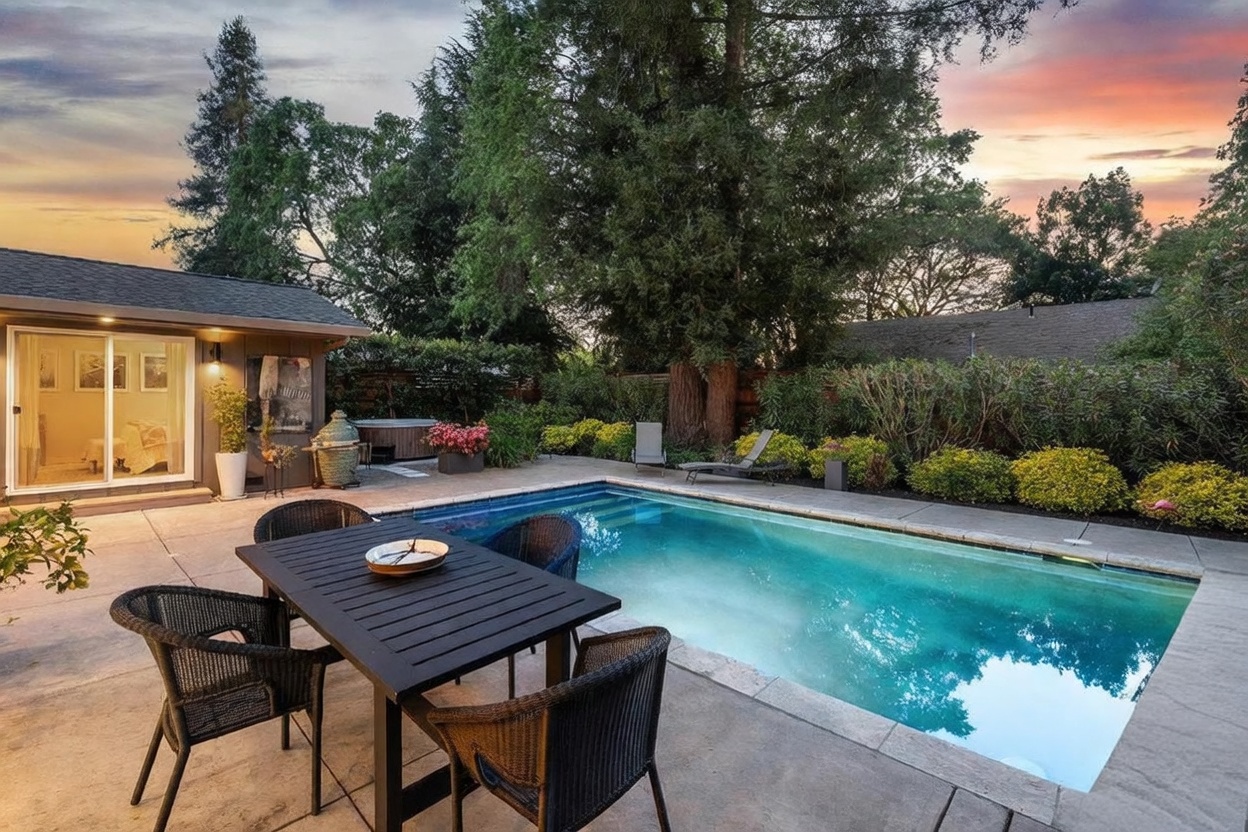 This inviting backyard oasis features a sparkling rectangular swimming pool as its centerpiece, complemented by a concrete patio area perfect for outdoor dining. The space includes a dining set, lounge chairs, and a hot tub, all set against a backdrop of lush trees and manicured landscaping. The warm, golden-hour lighting creates a serene and luxurious atmosphere, ideal for relaxation and entertaining.