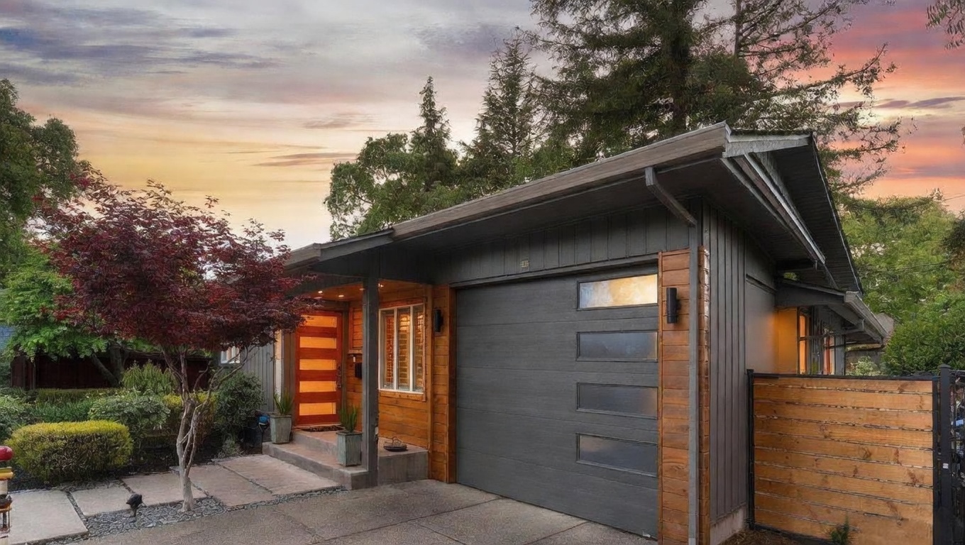 This modern, single-story home features a striking mid-century aesthetic with a dark gray wood-paneled exterior and natural wood accents around the front door and garage. The facade is defined by clean lines, a contemporary horizontal-panel garage door with frosted windows, and a vibrant red front door. Set against a soft, colorful sunset, the property offers a stylish and inviting curb appeal with a well-manicured entryway.