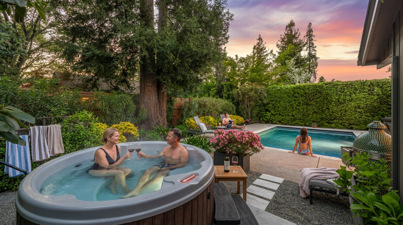 This luxurious backyard oasis features a well-maintained hot tub in the foreground and a sparkling swimming pool in the background, perfect for outdoor entertainment. The landscaped garden is complemented by a large redwood tree, comfortable lounge seating, and vibrant floral accents under a picturesque sunset sky. It is an inviting, private space that captures a sophisticated yet relaxing home atmosphere.
