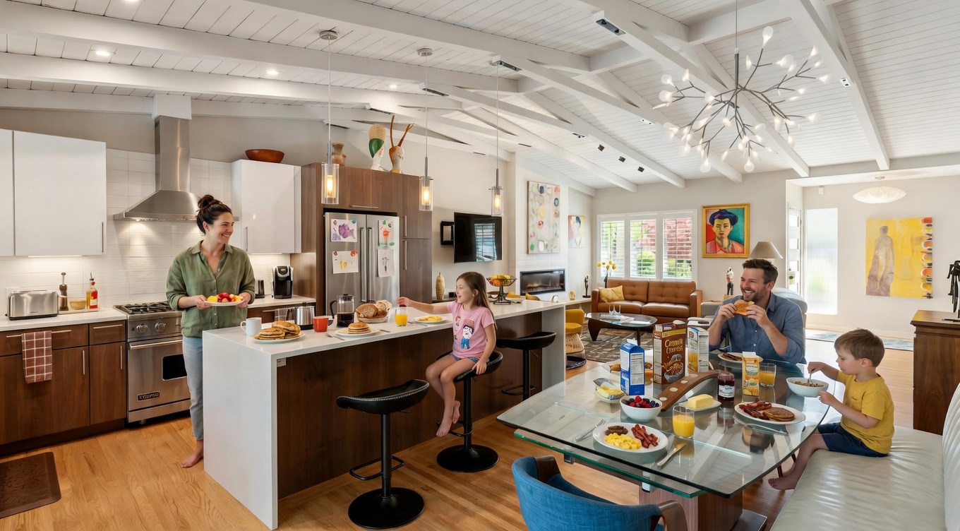 This bright, open-concept kitchen seamlessly integrates with a dining and living area under beautiful vaulted ceilings with exposed beams. The space features modern walnut and white cabinetry, stone countertops, and a large central island, creating an inviting atmosphere ideal for family living. Stylish lighting fixtures and colorful artwork add a warm, personal touch to this high-end, functional interior.