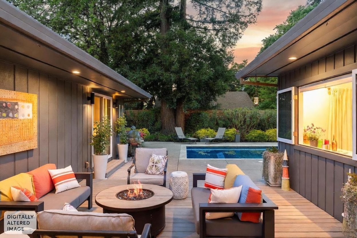 This inviting outdoor living space features a modern deck furnished with comfortable lounge seating and a central fire pit, perfect for evening relaxation. The area seamlessly transitions to a backyard pool, framed by lush greenery and mature trees, creating a serene and private atmosphere. The warm lighting and contemporary decor highlight the home's potential for sophisticated outdoor entertaining.