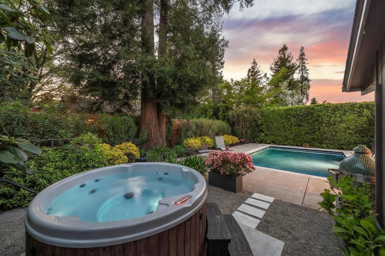 This inviting backyard oasis features a circular hot tub in the foreground and a rectangular swimming pool set against a backdrop of lush greenery and mature trees. The scene is captured at dusk, with a vibrant sunset sky casting a warm glow over the patio area, which includes lounge chairs and a grill. The combination of the well-manicured hedge, stone pavers, and relaxing water features creates a serene and luxurious outdoor living space.