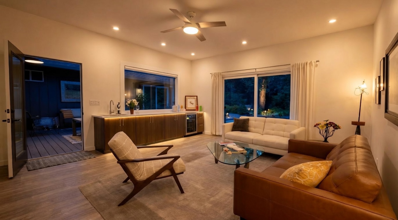 This living room features a contemporary, open-plan design with warm ambient lighting provided by recessed lights, a ceiling fan, and under-cabinet lighting. The space includes a comfortable mix of a white tufted sofa, a brown leather sofa, and a mid-century modern accent chair, grounded by a glass-top coffee table. A wet bar area with a built-in wine fridge adds convenience, while direct access to an outdoor deck through sliding glass doors creates a seamless transition between indoor and outdoor living.
