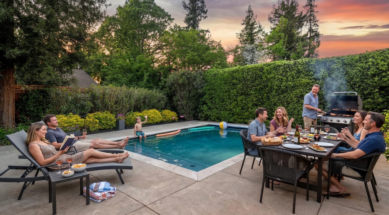 This tranquil backyard oasis features a well-maintained rectangular swimming pool surrounded by a spacious concrete patio perfect for entertaining. The setting includes a comfortable outdoor dining area with a grill and a relaxing lounge space, all framed by mature, lush greenery and tall hedges that provide excellent privacy. The warm, inviting ambiance, combined with a beautiful sunset backdrop, highlights the property's potential for hosting social gatherings and leisure activities.