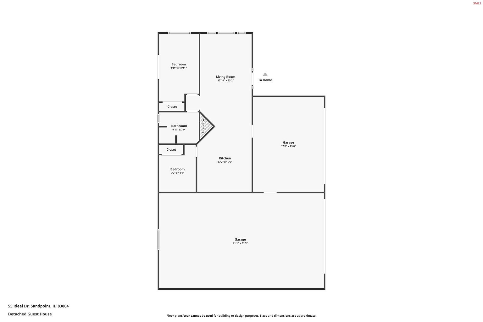 This image is a floor plan of a detached guest house, showcasing the layout of the rooms including two bedrooms, a bathroom, closets, a living room, a kitchen, and two garages. The dimensions of each room are clearly labeled, providing a comprehensive overview of the property's spatial arrangement and the relationship between different areas.