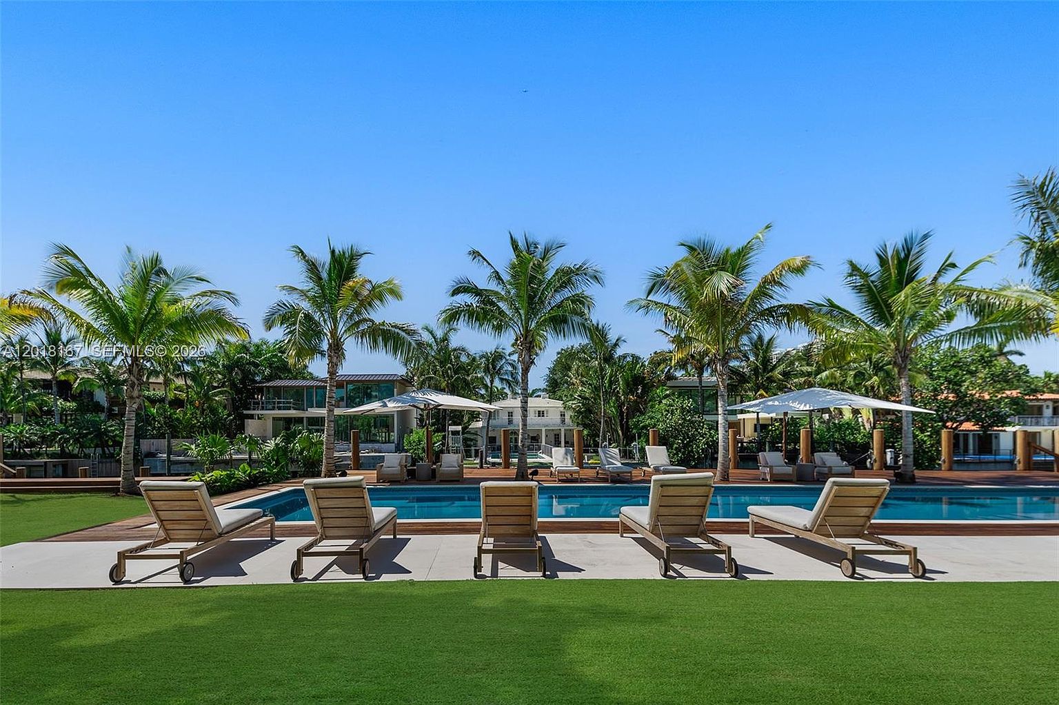 This serene outdoor space features a rectangular swimming pool set against a backdrop of lush tropical palm trees and a clear blue sky. A wooden deck surrounds the pool, furnished with several lounge chairs and white umbrellas, creating a resort-like atmosphere. The perspective is a low-angle shot from the lawn, emphasizing the expansive pool area and the tranquil waterfront setting beyond.