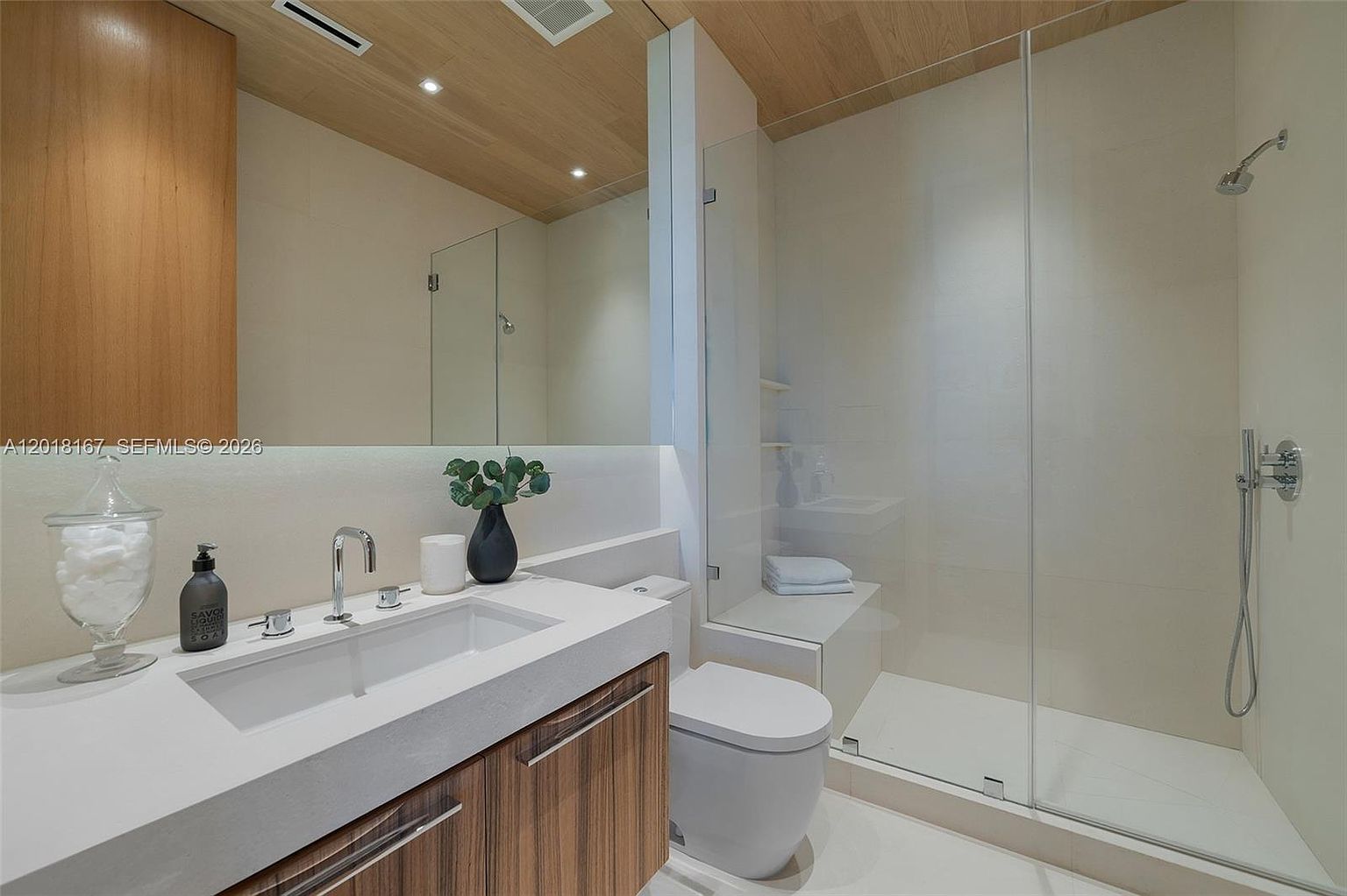 This modern bathroom features a sleek vanity with a light wood-toned cabinet and a long, integrated sink. A large, frameless glass-enclosed shower sits adjacent to a wall-mounted toilet, all set against a backdrop of neutral-toned walls and a light wood-paneled ceiling. The space is bright and minimalist, emphasizing clean lines and contemporary fixtures.