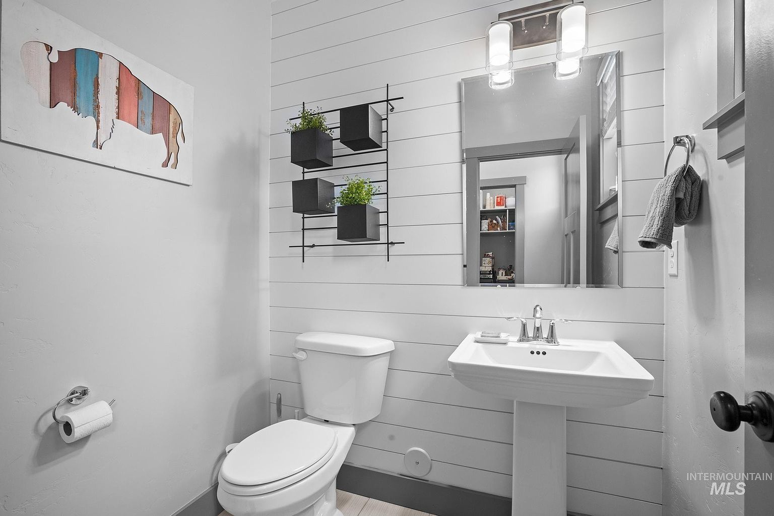 This compact powder room features a modern farmhouse aesthetic with horizontal white shiplap walls and a pedestal sink. A wall-mounted metal grid shelf holds small potted plants, while a framed buffalo-themed artwork adds a rustic touch to the space. The room is completed by a simple vanity mirror, dual-light fixture, and a standard toilet, creating a clean and functional design.
