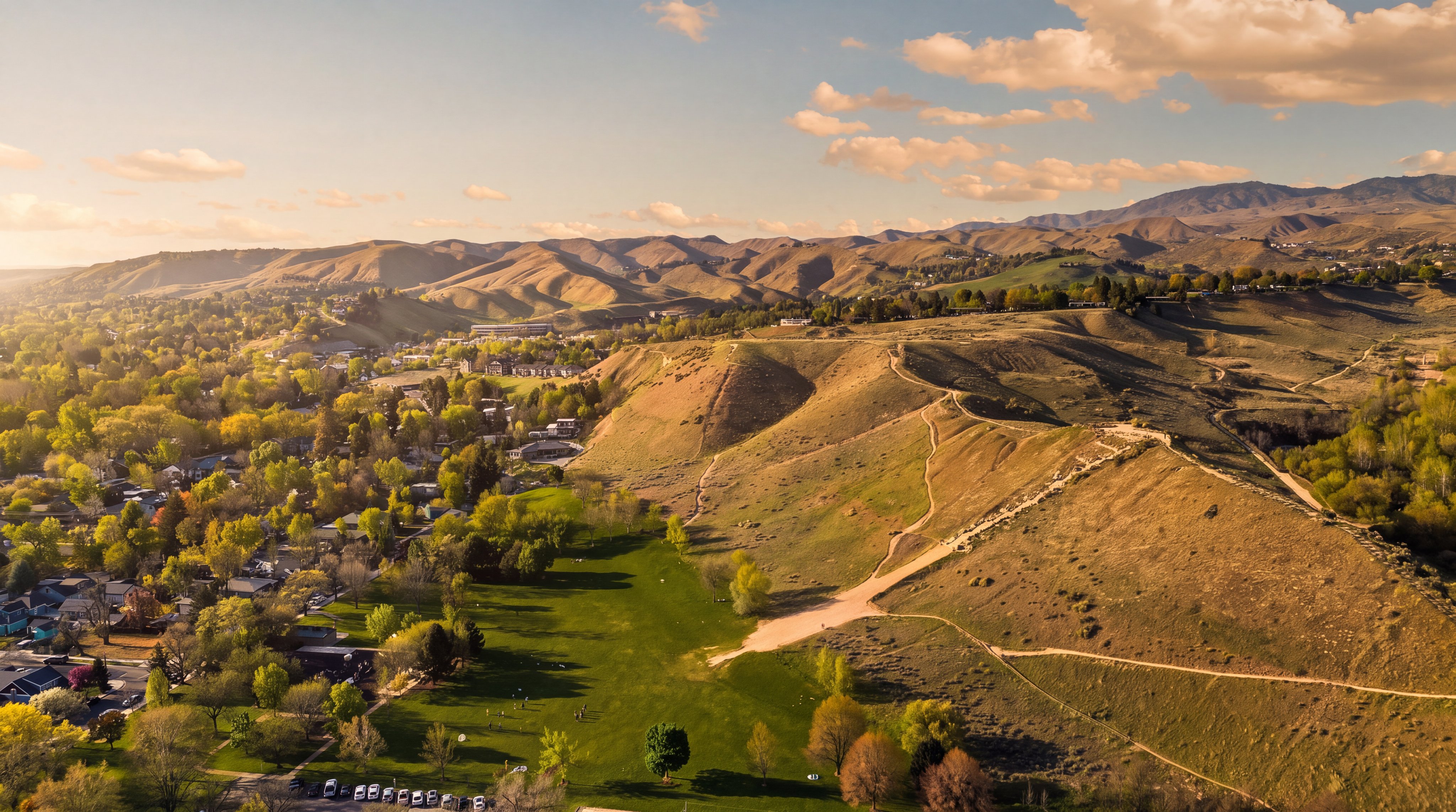 This wide-angle aerial view captures a sprawling landscape featuring a lush green park in the foreground that transitions into rugged, rolling hills. The scene is annotated with labels identifying key local landmarks, including Camels Back Park, Camels Back Reserve, and Highlands Elementary. The perspective provides a comprehensive look at the neighborhood's proximity to natural recreational areas and mountainous terrain under a bright, partly cloudy sky.