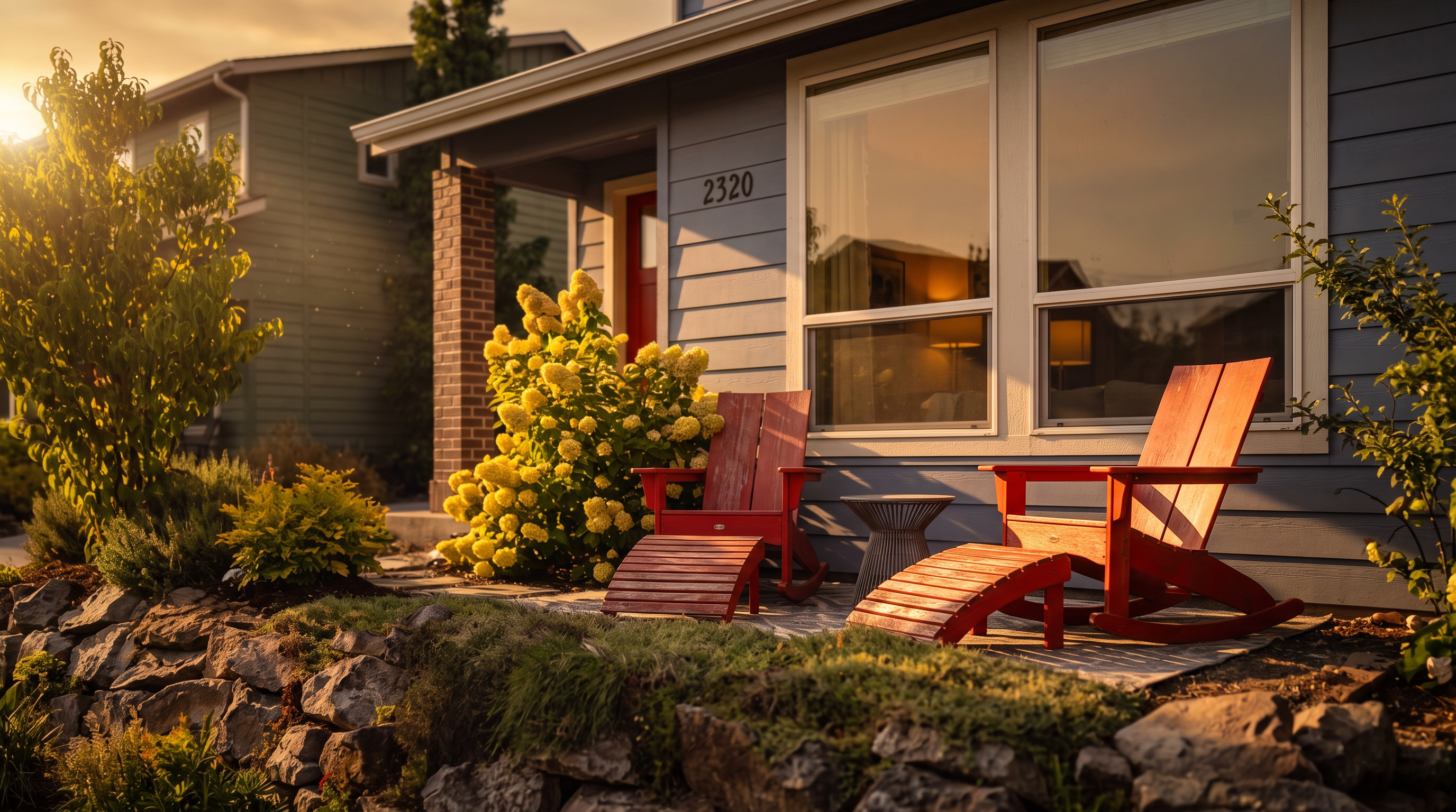This charming two-story blue-sided home features a vibrant red front door and large windows that glow with warm interior light. The front yard is elevated by a rustic stone retaining wall, leading up to a small patio area furnished with two bright red chairs. The scene is captured at dusk, with a dramatic purple and orange sunset sky providing a picturesque backdrop.