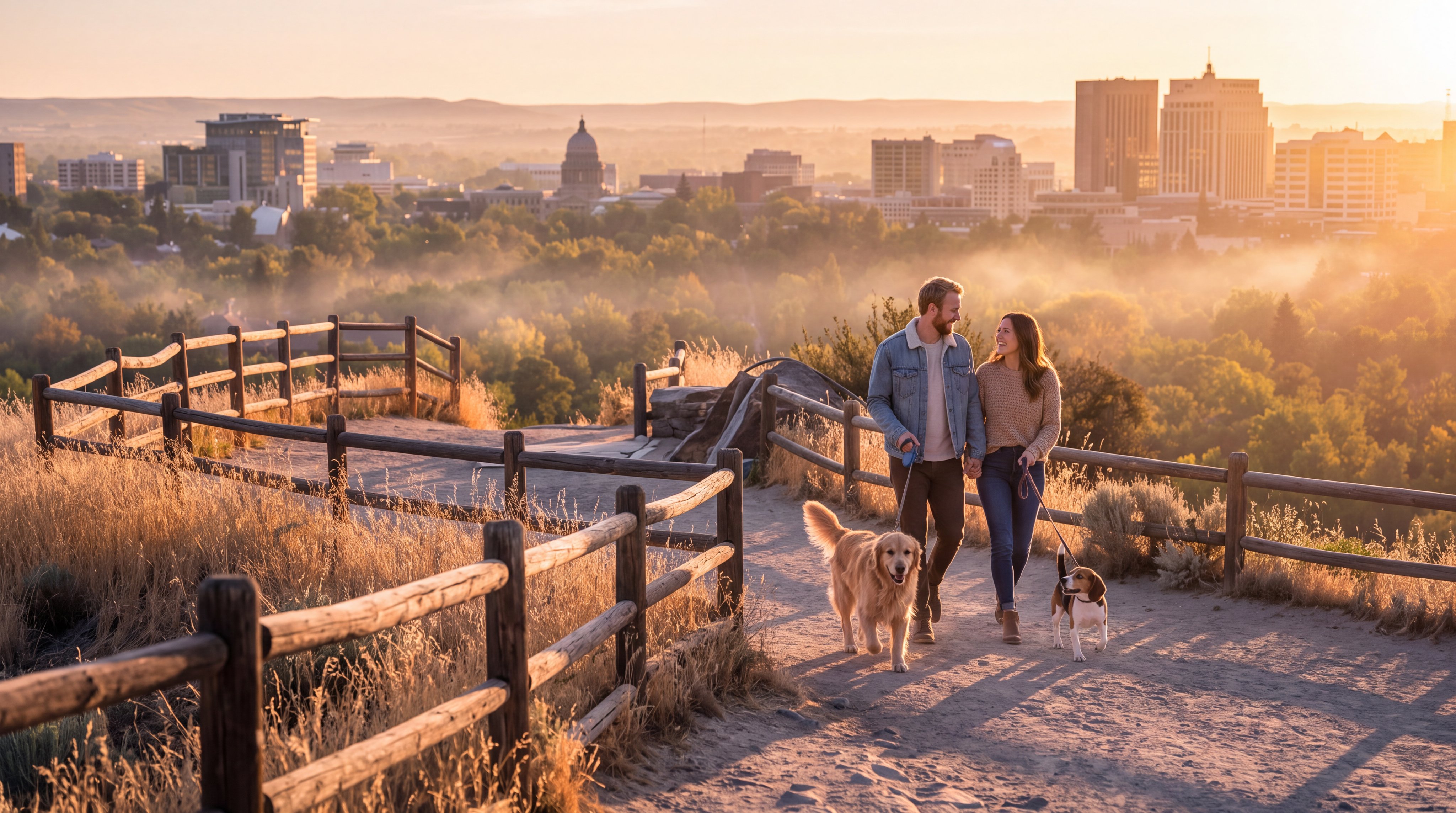 This elevated viewpoint captures a scenic overlook featuring a dirt path enclosed by wooden railings, providing a panoramic perspective of the surrounding city skyline and lush green canopy. The vantage point offers a clear view of urban architecture, including the state capitol building, set against a backdrop of rolling hills and a bright blue sky. It serves as a prominent community amenity, highlighting the natural beauty and accessible outdoor recreation spaces available in the area.