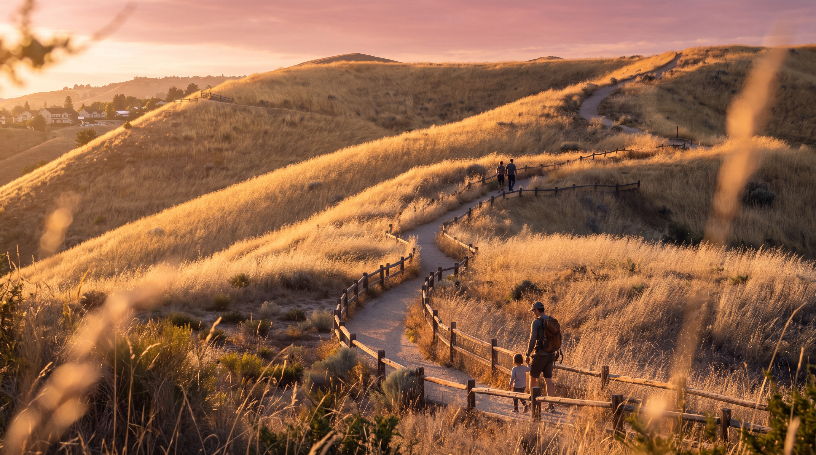 This image captures a scenic, winding dirt trail cutting through rolling, golden-hued hills, characteristic of a community hiking path or nature preserve. The path is bordered by a rustic wooden fence that follows the contours of the landscape, leading the eye toward the distant horizon under a clear blue sky. The perspective is from a slightly elevated vantage point, emphasizing the expansive, tranquil outdoor space available to residents.
