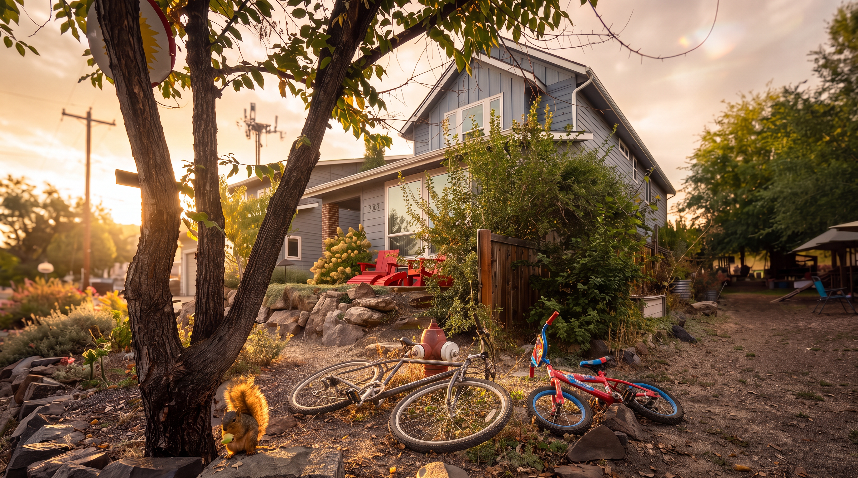 This side view of a blue-sided home features a tiered rock garden leading up to a small porch with red chairs. A prominent red fire hydrant sits in the foreground near a squirrel, while a dirt path leads toward a shaded backyard area with patio furniture and umbrellas. The perspective captures the transition from the landscaped front yard to the more rustic, tree-lined side and rear grounds.