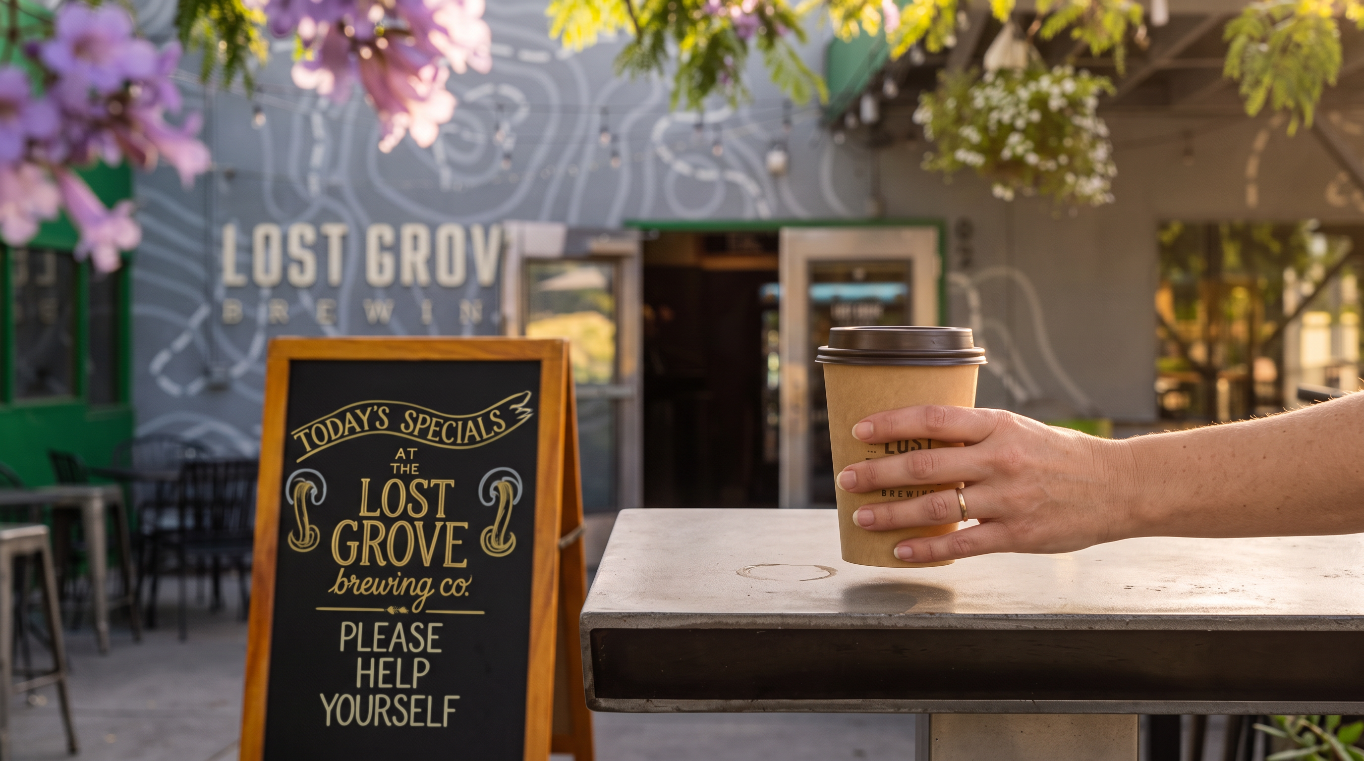 This image captures the inviting front entrance and outdoor patio area of Lost Grove Brewing. The scene features a shaded seating area with tables and umbrellas, a welcoming sign, and a row of lime-green rental scooters parked along the sidewalk. The building facade is adorned with a stylized map mural, creating a casual and vibrant atmosphere for patrons.