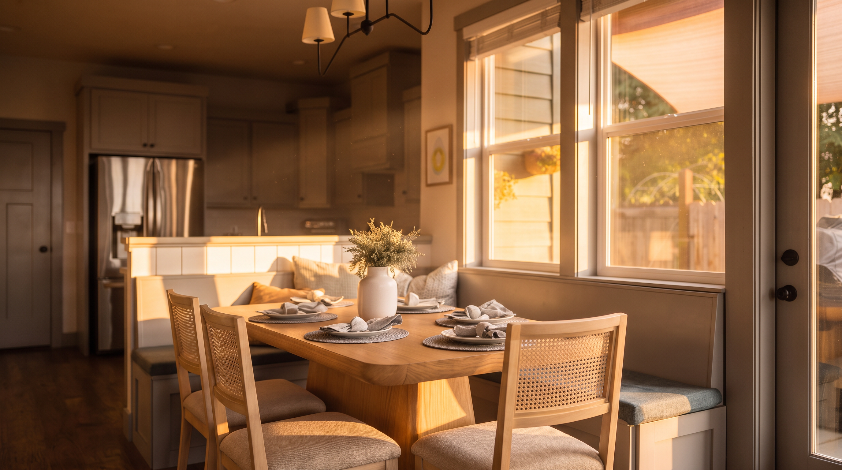 This bright and inviting dining area features a light wood table surrounded by a built-in bench and matching chairs with woven backrests. The space is illuminated by a modern four-light chandelier and flows seamlessly into an adjacent kitchen with light gray cabinetry and stainless steel appliances. A glass door provides a view of the outdoor patio, creating an open and airy atmosphere perfect for casual dining.