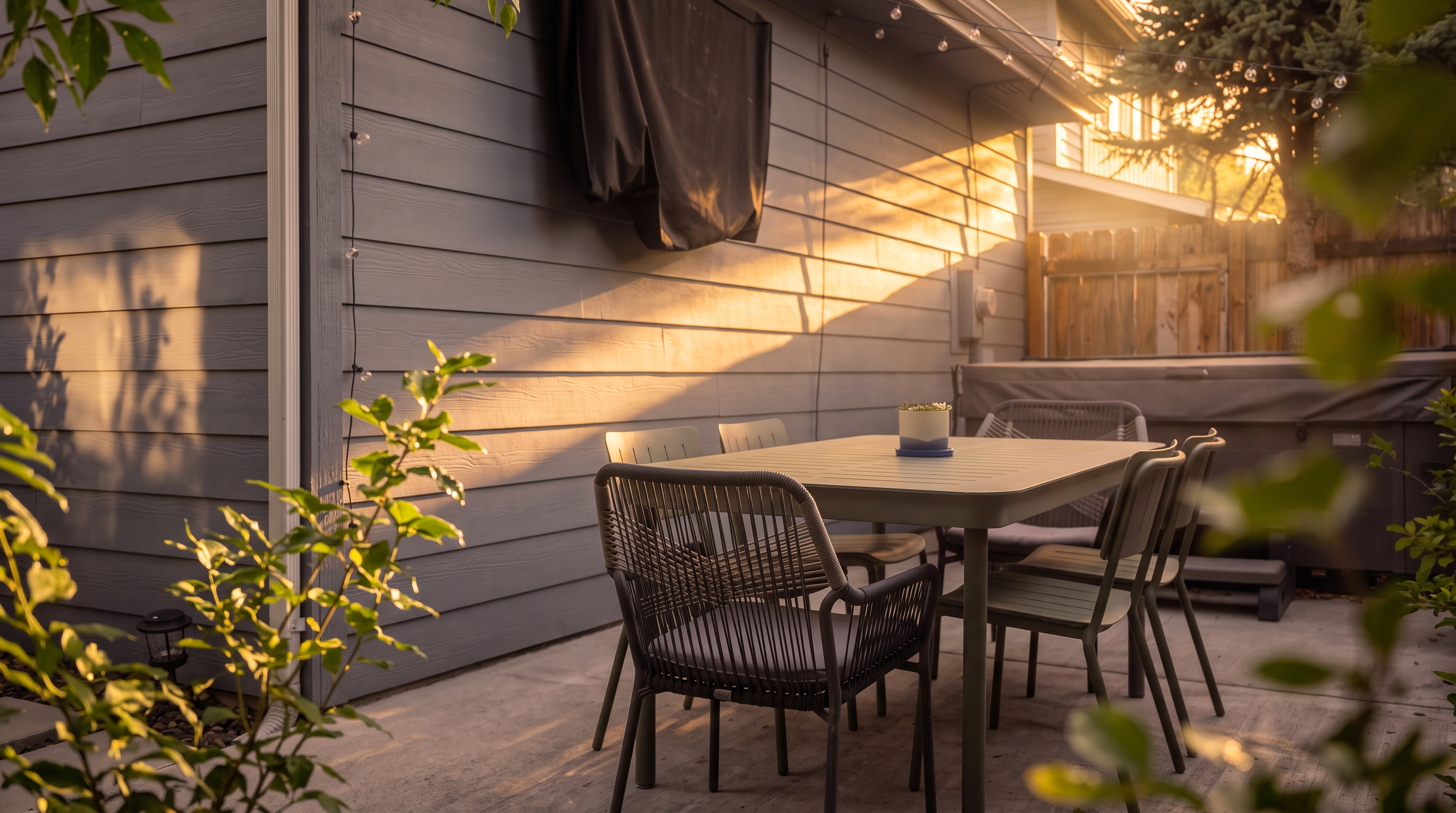 This outdoor patio space features a modern dining set with a green table and matching chairs, positioned against the side of a light blue-sided home. A covered television is mounted on the exterior wall, and string lights are draped above to create an inviting atmosphere. To the right, a hot tub with a cover sits on the concrete patio, while a stone-paved walkway leads along the side of the house.