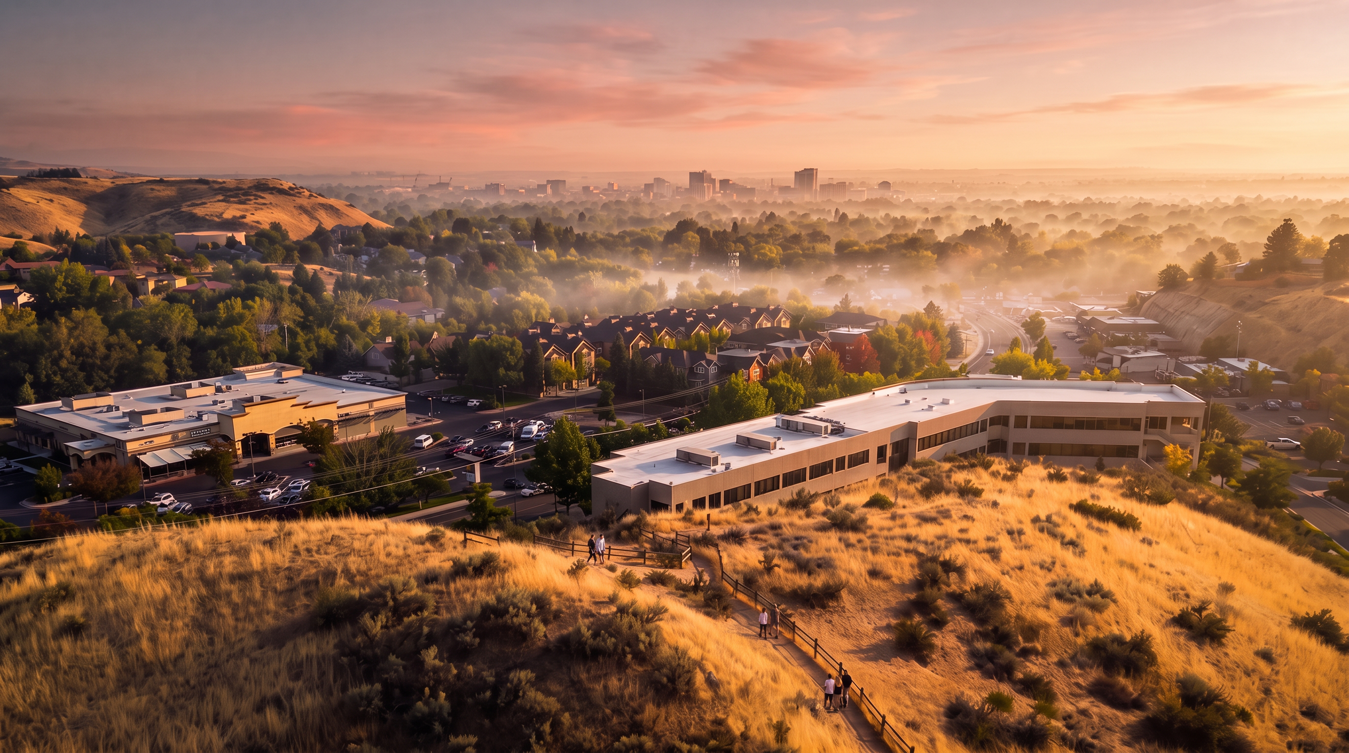 This high-angle aerial view captures a commercial office building situated on a hillside, overlooking a suburban neighborhood and the distant Boise skyline. The foreground features the dry, golden grasses of the Harrison Hollow Trail, while the mid-ground shows a mix of residential townhomes and a retail shopping center. The perspective provides a comprehensive look at the property's location, highlighting its proximity to both natural trails and urban amenities.