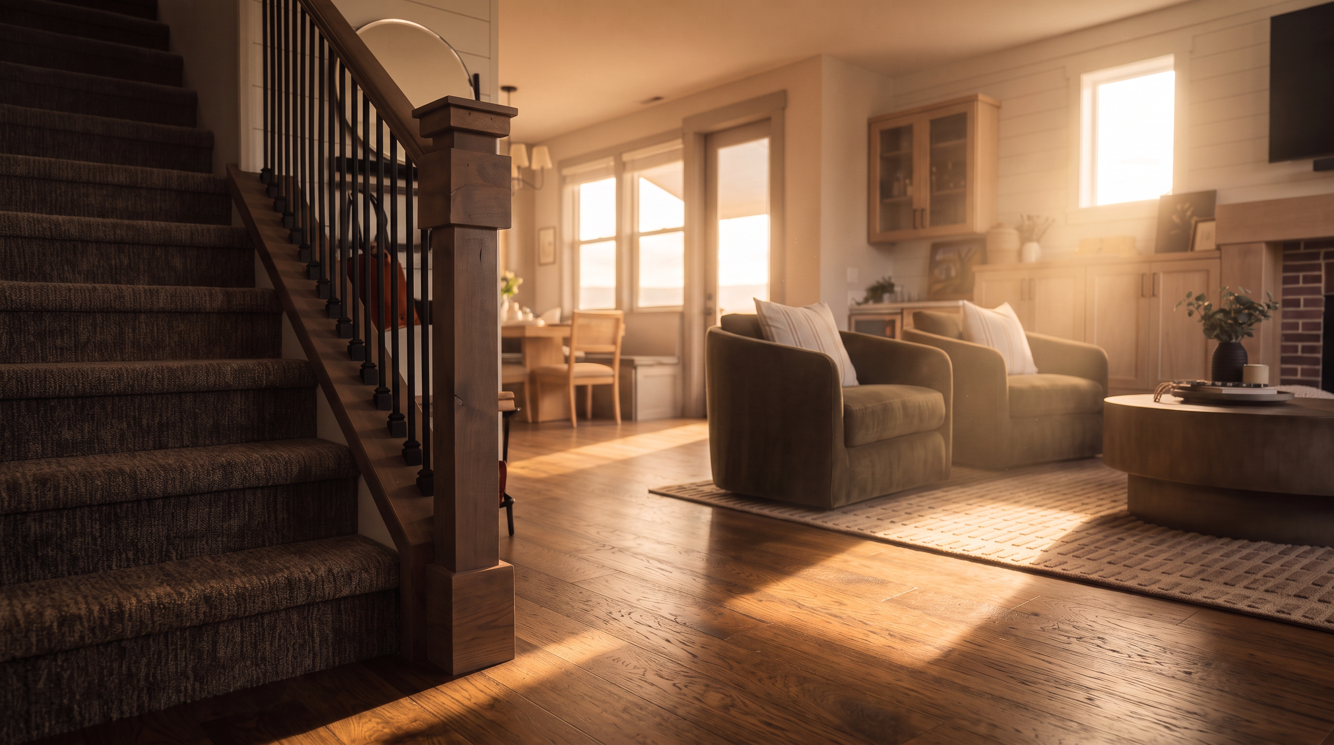 This inviting open-concept living area features a cozy seating arrangement with two plush armchairs facing a brick-surround fireplace topped with a mounted television. To the left, a carpeted staircase with a dark metal railing leads upward, while the background reveals a bright dining space with a built-in bench and access to the outdoors. The room is finished with warm wood flooring, shiplap wall accents, and a neutral color palette that creates a comfortable, modern farmhouse aesthetic.