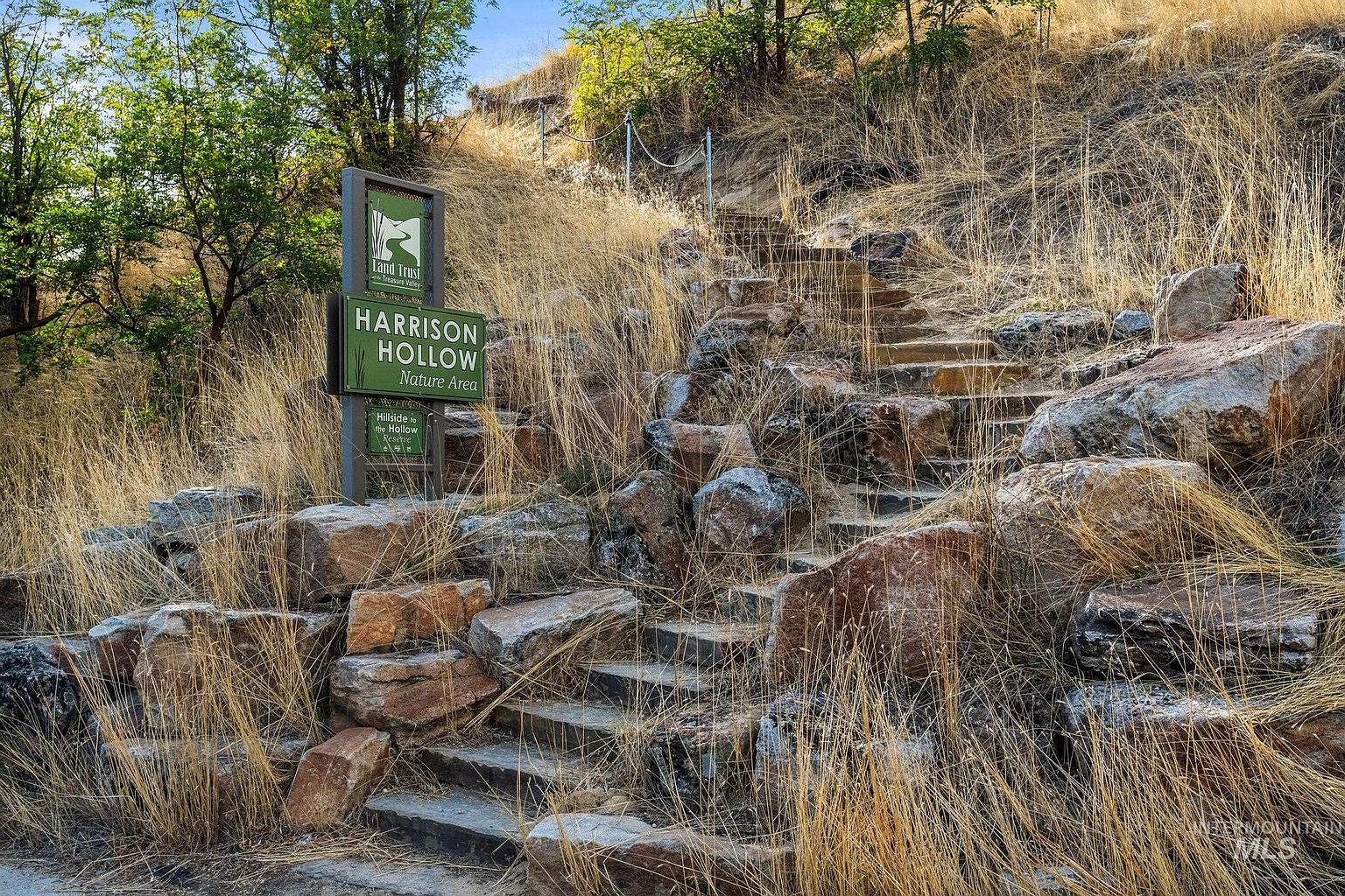 This image captures the entrance to the Harrison Hollow Nature Area, featuring a rustic stone staircase carved into a hillside covered in dry, golden grasses. A prominent sign identifies the trail, which is framed by natural rock formations and mature trees. The perspective is from the base of the stairs, looking upward toward the trail, emphasizing the rugged and inviting nature of the outdoor space.