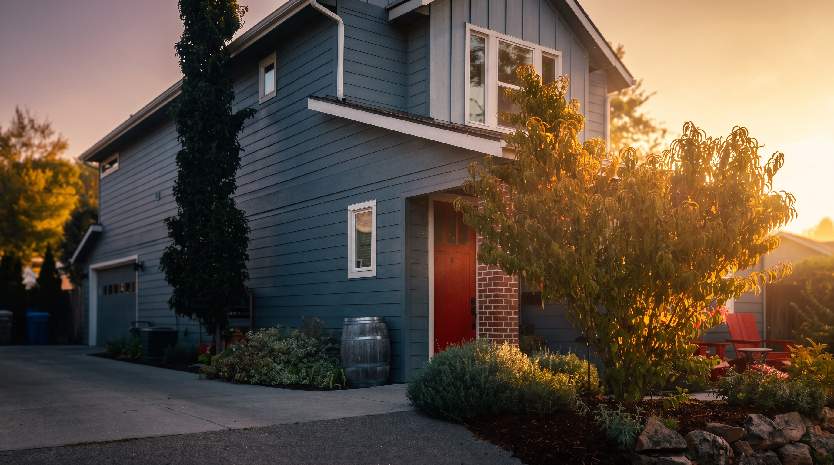This two-story home features blue horizontal siding and a prominent red front door framed by a brick-accented entryway. A concrete driveway leads to a side-facing garage, while a landscaped front yard with a stone retaining wall and a mature tree adds curb appeal. The perspective is captured from the street level, showcasing the home's inviting facade under a clear blue sky.