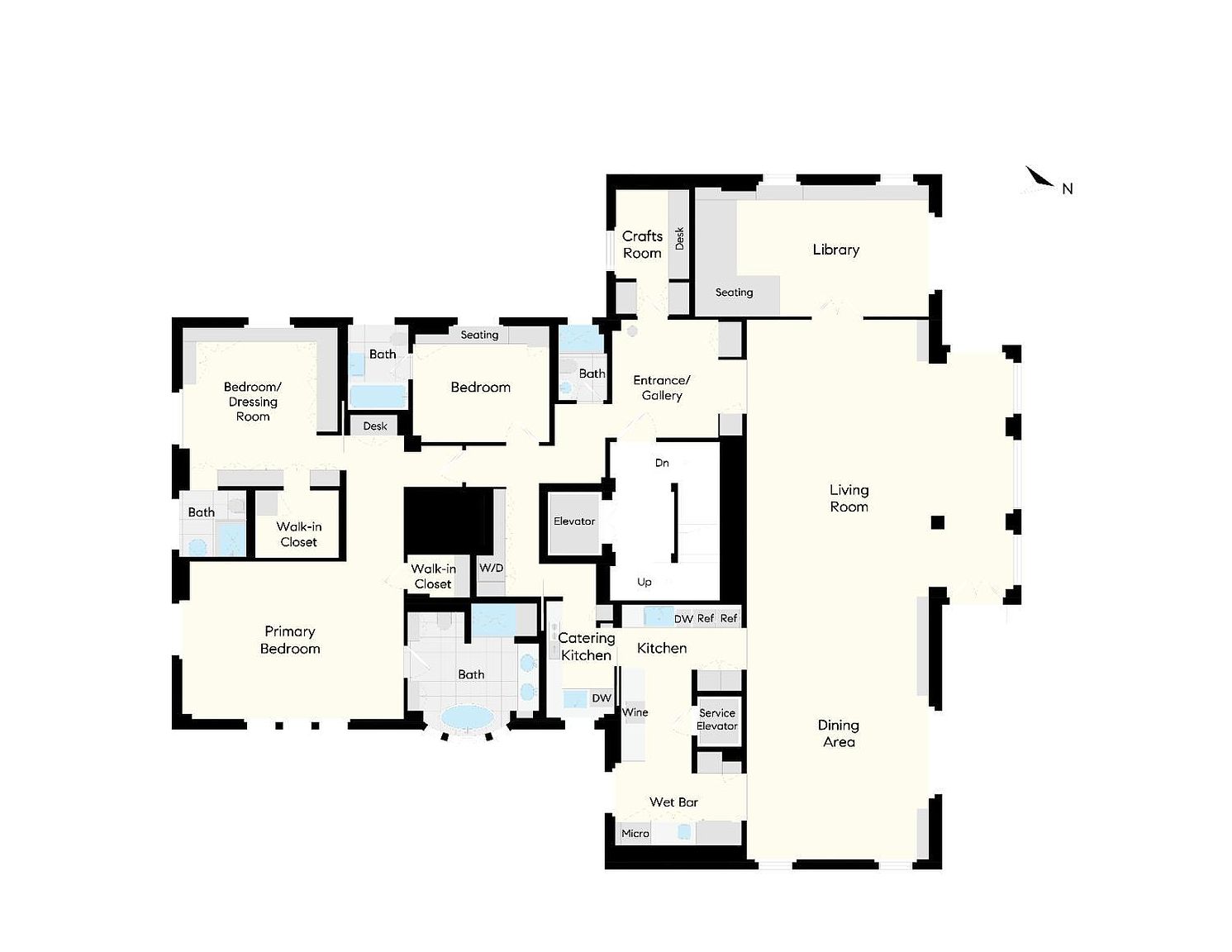 This image is a detailed 2D floor plan of a luxury residential unit, showcasing a spacious and well-organized layout. The floor plan includes a primary bedroom suite with a walk-in closet and bath, a secondary bedroom, a library, a crafts room, and an expansive living and dining area. The design features a dedicated catering kitchen, a main kitchen with a wet bar, and multiple access points including an elevator and service elevator.