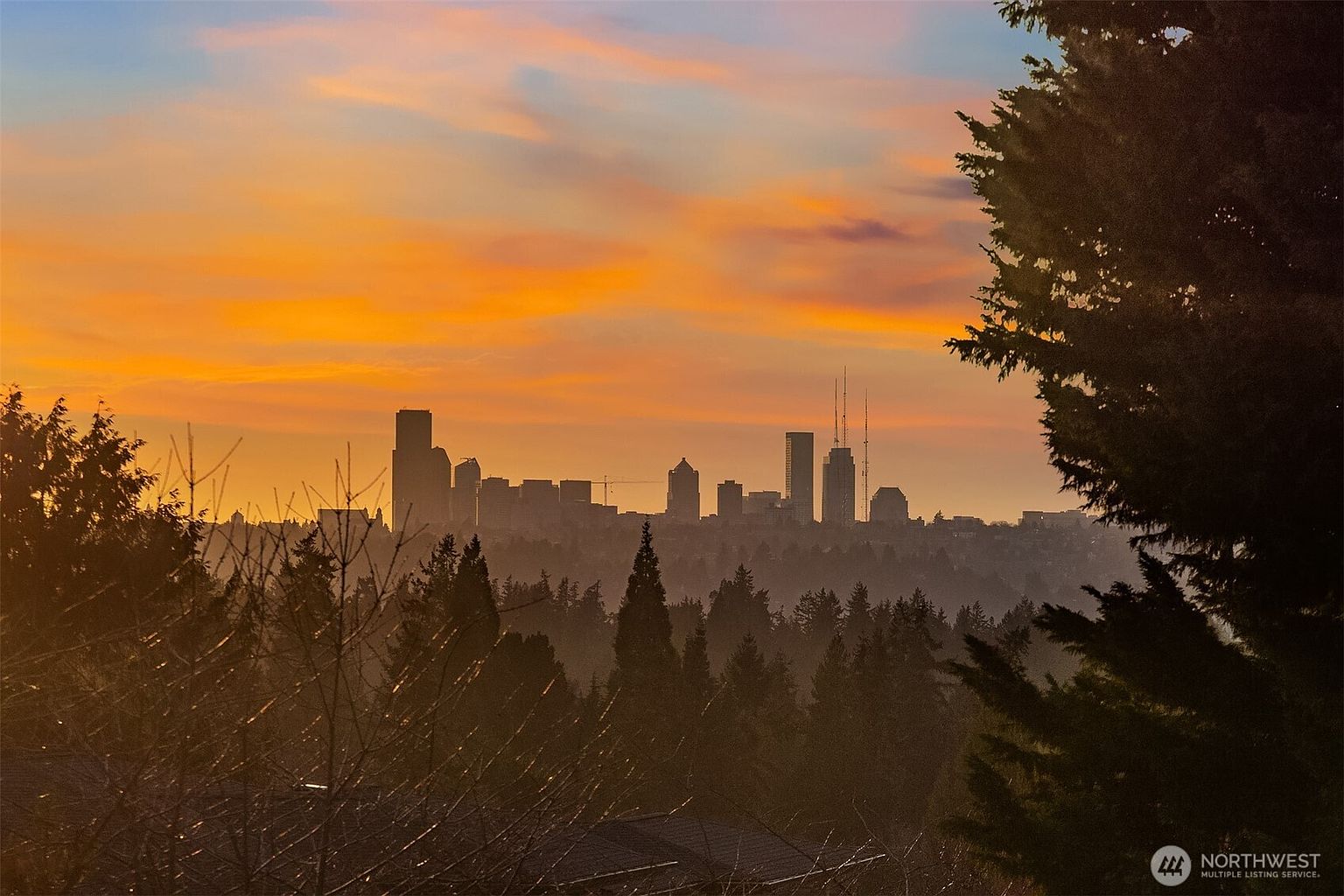 This image captures a scenic, elevated view of a city skyline silhouetted against a vibrant, golden-hour sunset. In the foreground, a dense canopy of evergreen trees frames the horizon, creating a natural contrast to the urban architecture in the distance. The perspective suggests a high vantage point, likely from a residential property's balcony or window, emphasizing the peaceful and picturesque setting.