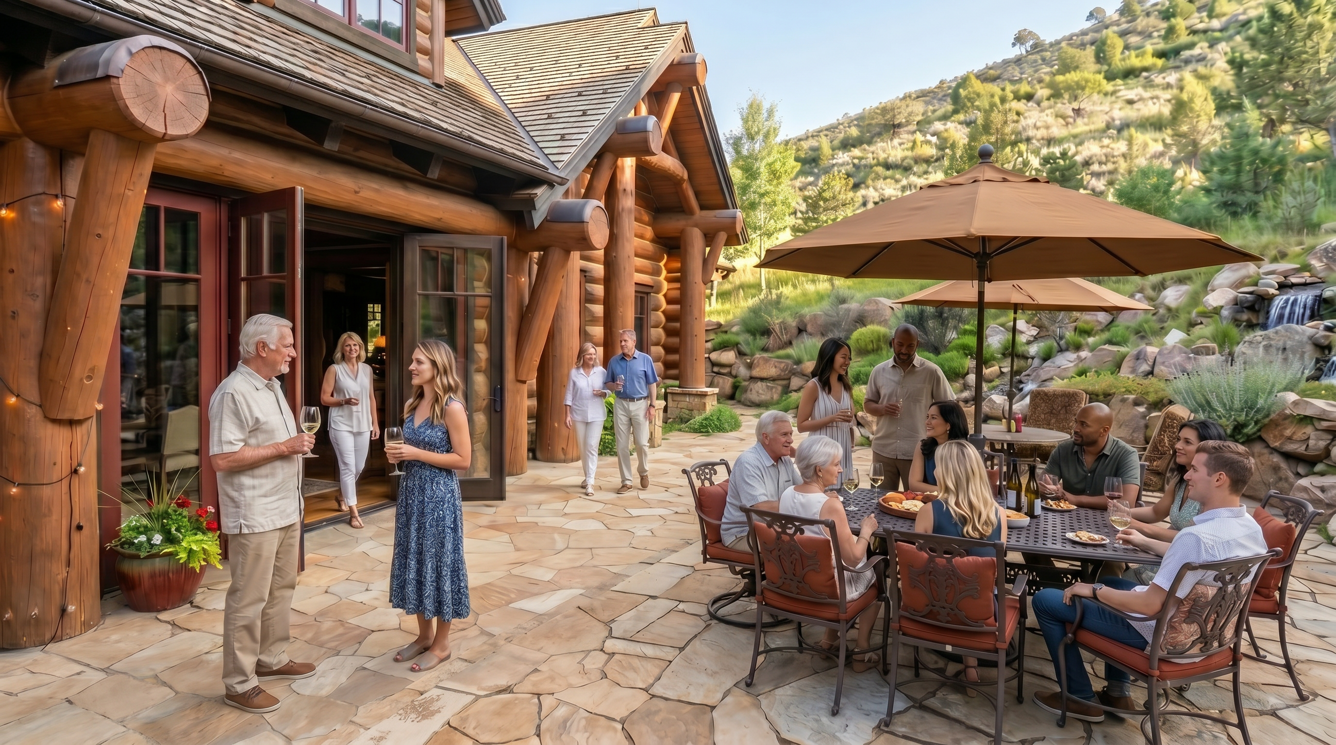 This image showcases a beautiful stone patio area with outdoor seating, including a dining table and chairs under an umbrella. The patio is surrounded by lush landscaping, including trees, shrubs, and a small waterfall feature. The setting is serene and private, offering an ideal outdoor living space.