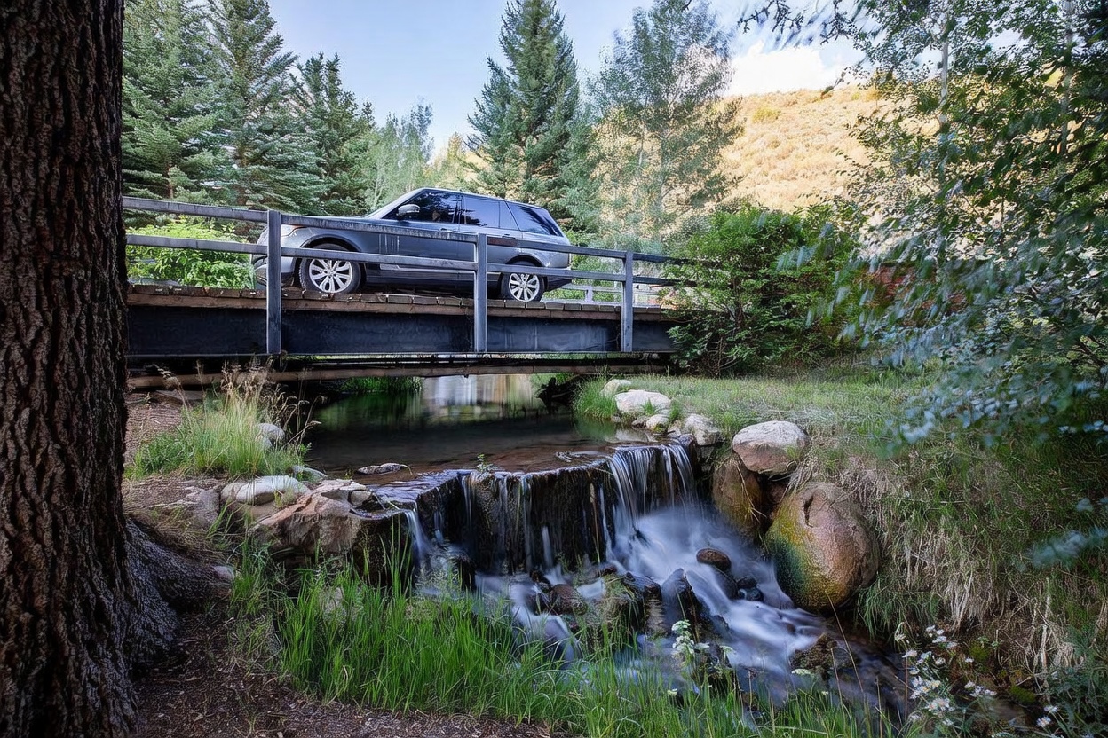 This picturesque outdoor scene features a gray SUV crossing a small bridge over a gentle waterfall. Lush greenery surrounds the area, with trees and vegetation creating a serene and natural setting. The image evokes a sense of tranquility and highlights the property's connection to nature.