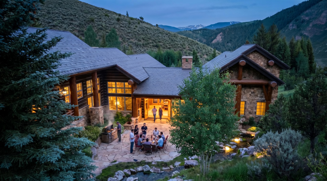 This aerial view showcases a luxurious mountain home nestled in a lush, green valley. The house features a stone and log exterior, a gray shingle roof, and a beautifully landscaped yard with a stream and patio area. The surrounding mountains provide a stunning backdrop, emphasizing the property's secluded and serene location.