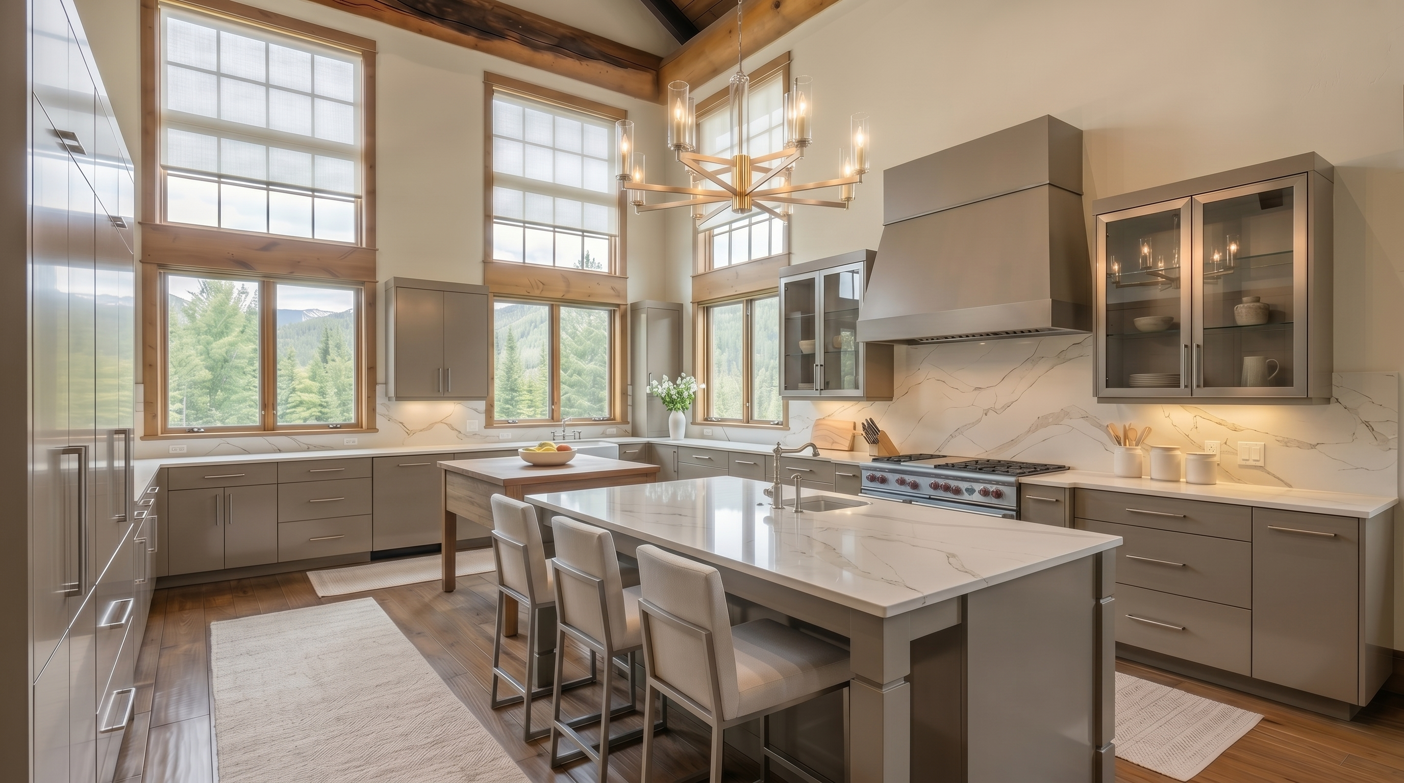 This is a spacious kitchen featuring custom wood cabinetry, granite countertops, and a large central island with seating. The kitchen is well-lit by a decorative chandelier and natural light from multiple windows, offering views of the surrounding landscape. The overall design exudes a warm, rustic elegance.