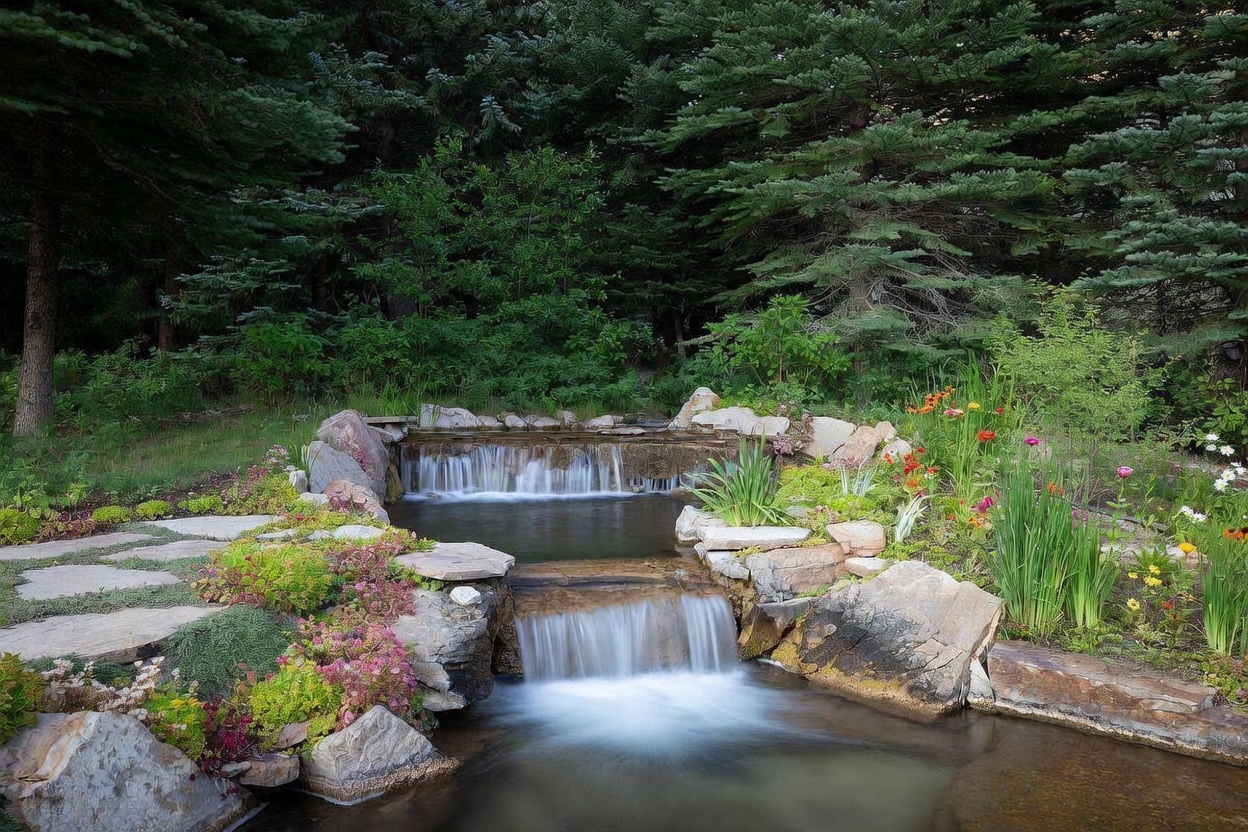 This image showcases a beautifully landscaped yard featuring a multi-tiered waterfall cascading into a serene pond. Lush greenery, including various plants and flowers, surrounds the water feature, creating a tranquil and inviting outdoor space. The scene is framed by mature trees, enhancing the sense of privacy and natural beauty.