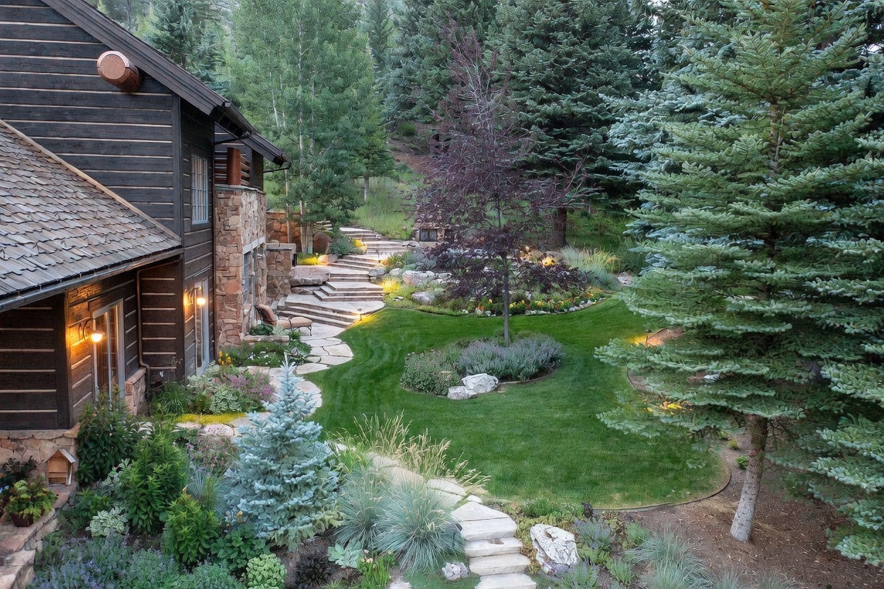 This image showcases a beautifully landscaped yard and garden area of a property. Stone pathways and steps wind through lush greenery, leading up a gentle slope. The exterior of a log cabin-style home is visible on the left, adding to the rustic charm of the scene. The overall impression is one of tranquility and natural beauty.