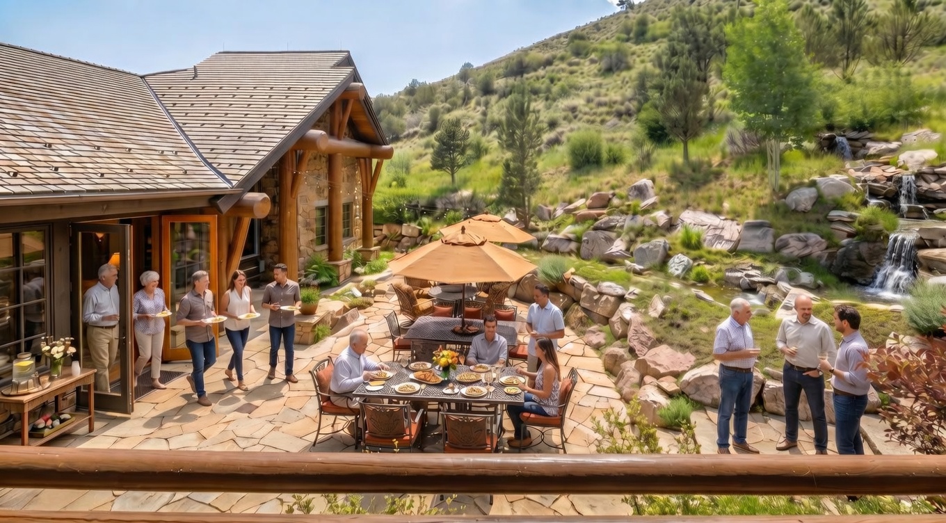 This image showcases the rear exterior of a luxurious mountain home, featuring a stone facade and a timber-framed roof. A stone patio with outdoor seating and umbrellas overlooks a beautifully landscaped hillside with a cascading waterfall. The scene exudes tranquility and upscale outdoor living.