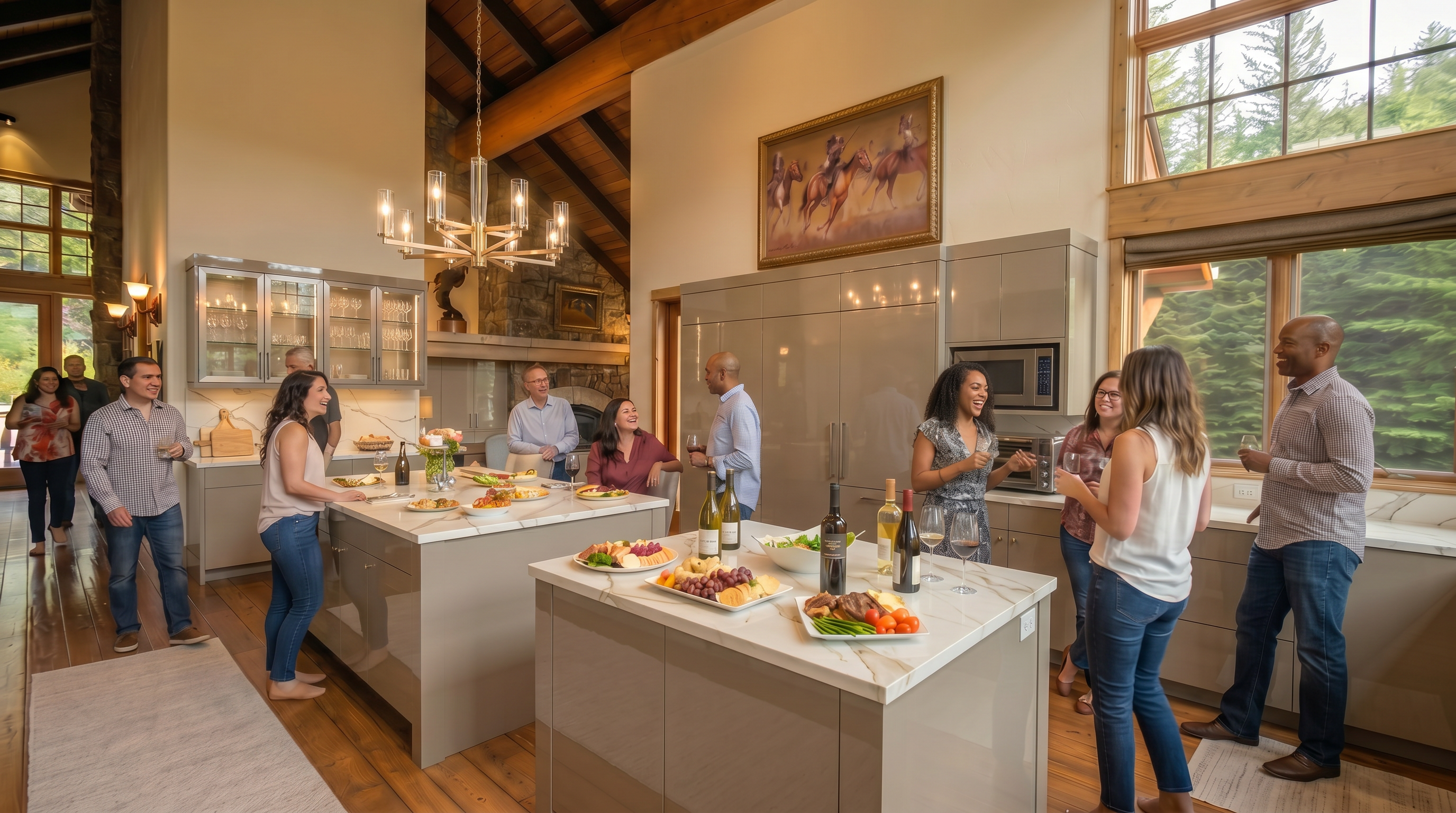 This is a well-appointed kitchen featuring custom wood cabinetry, granite countertops, and two kitchen islands. The space is illuminated by a decorative chandelier and natural light from a large window, offering views of the surrounding landscape. The kitchen has a rustic yet elegant feel, with high-end appliances and ample storage space.