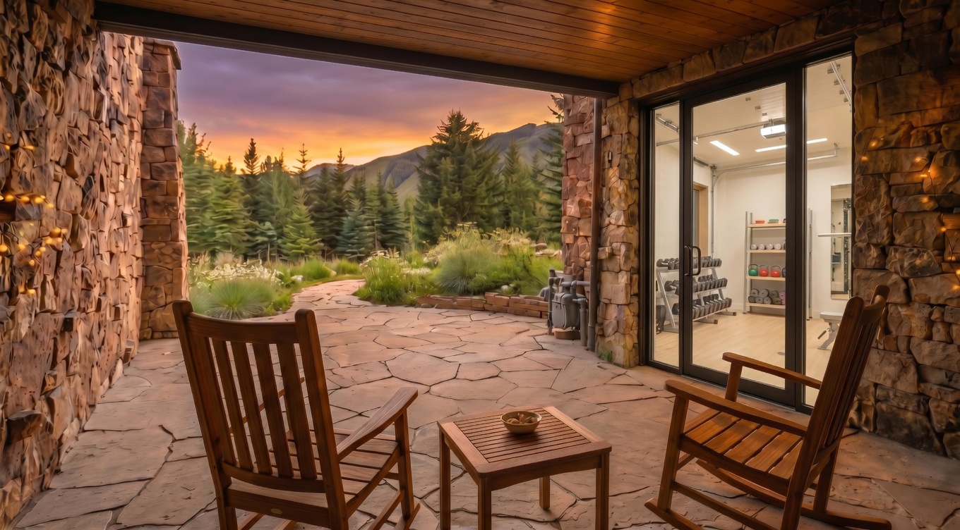 This image showcases a charming outdoor patio area, featuring stone walls and flooring that create a rustic and inviting atmosphere. Two wooden rocking chairs and a small table are arranged to provide a cozy seating arrangement. The patio opens to a view of lush greenery and trees, suggesting a peaceful and private outdoor space.