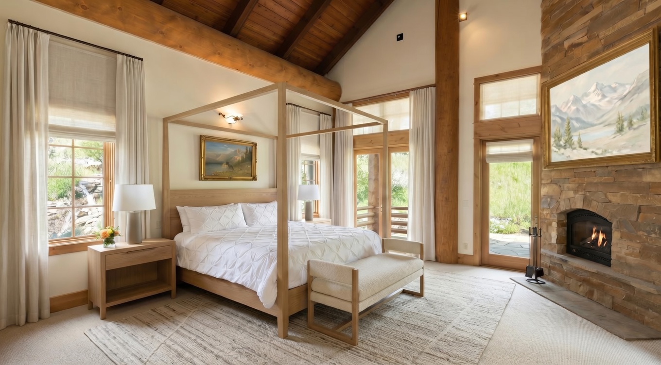 This is a primary bedroom featuring a four-poster bed with white linens, a stone fireplace, and large windows offering natural light and views of the outdoors. The room has a rustic-chic style with exposed wooden beams and a neutral color palette, creating a warm and inviting atmosphere. The perspective is from the corner of the room, showcasing the bed, fireplace, and windows.