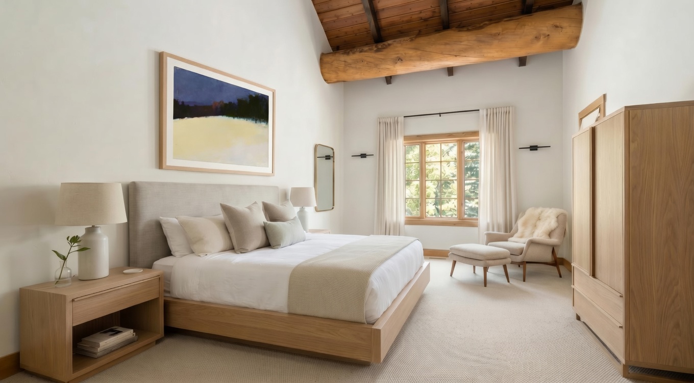 This is a warm and inviting primary bedroom featuring a wooden four-poster bed with decorative iron headboard, complemented by olive green pillows and a white comforter. The room has a rustic-chic aesthetic with exposed wooden beams on the ceiling, a cozy window nook with a leather chair and ottoman, and a large wooden armoire. The overall impression is one of comfort and understated elegance.